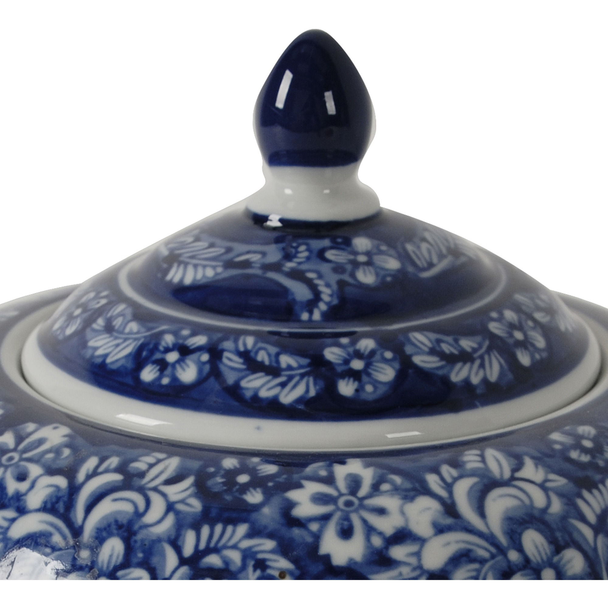 10 Inch Lidded Jar, Curved Round Persian Floral Print, Blue Porcelain