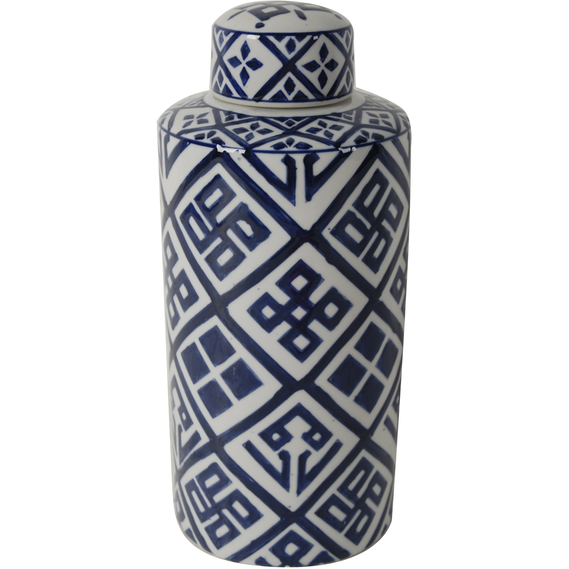 14 Inch Lidded Jar, Geometric Pattern, Cylindrical Blue and White Porcelain