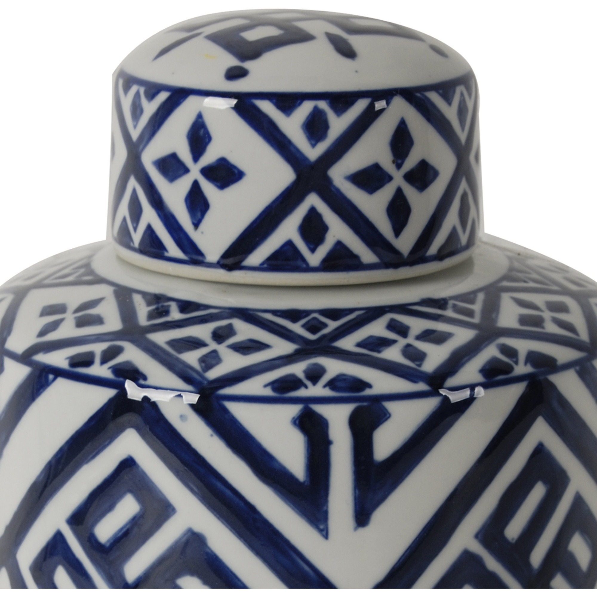 14 Inch Lidded Jar, Geometric Pattern, Cylindrical Blue and White Porcelain