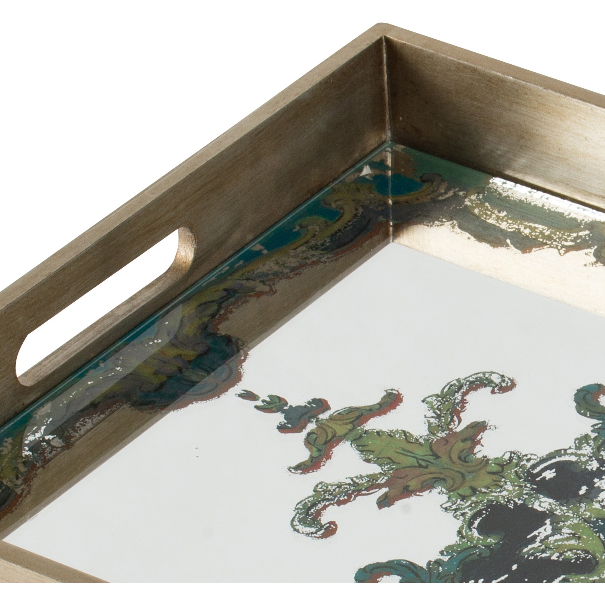Miki 18 Inch Decorative Tray, Artistic Mirrored Damask Pattern, Gold Finish