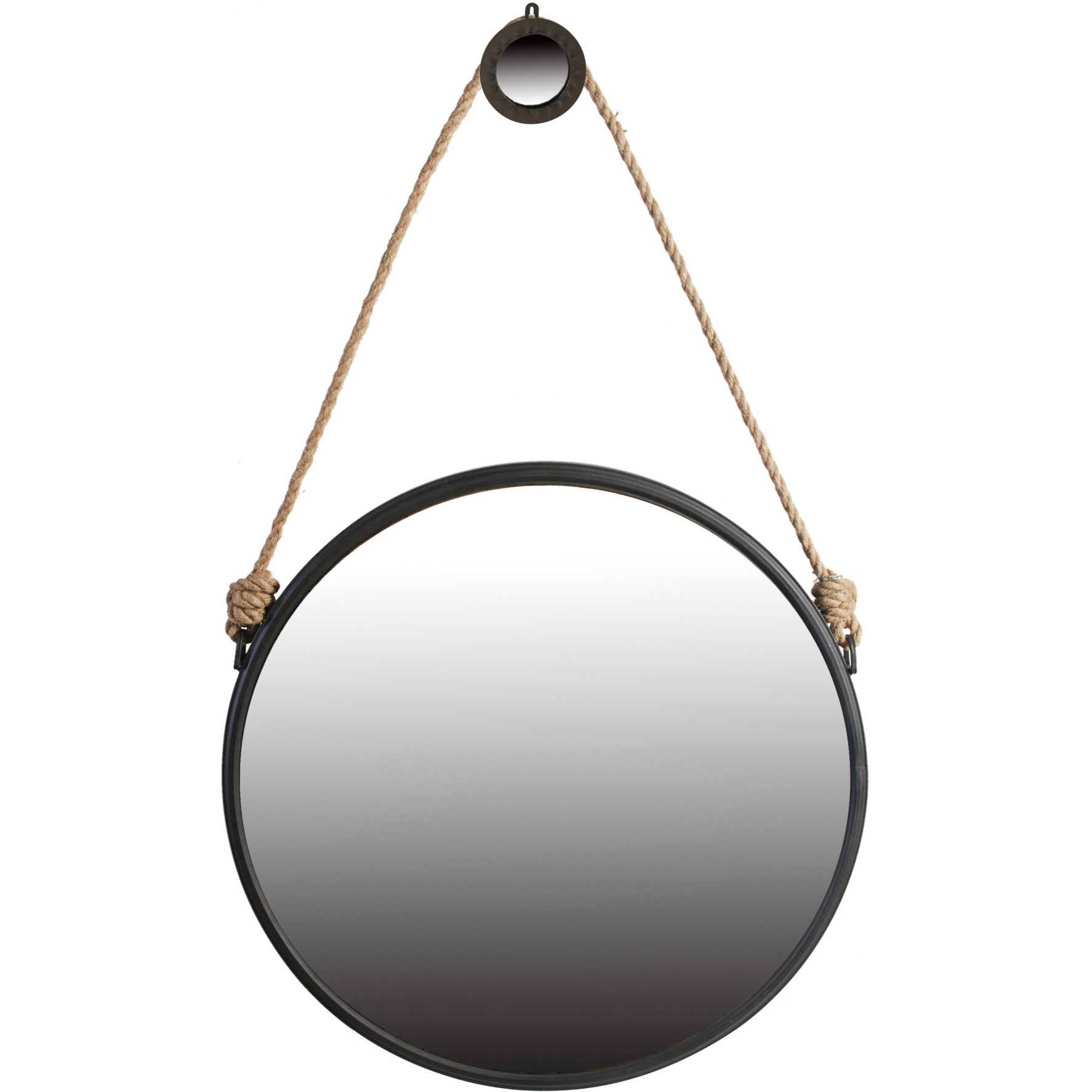 30 Inch Accent Wall Mirror with Rope Hanger and Round Black Metal Frame