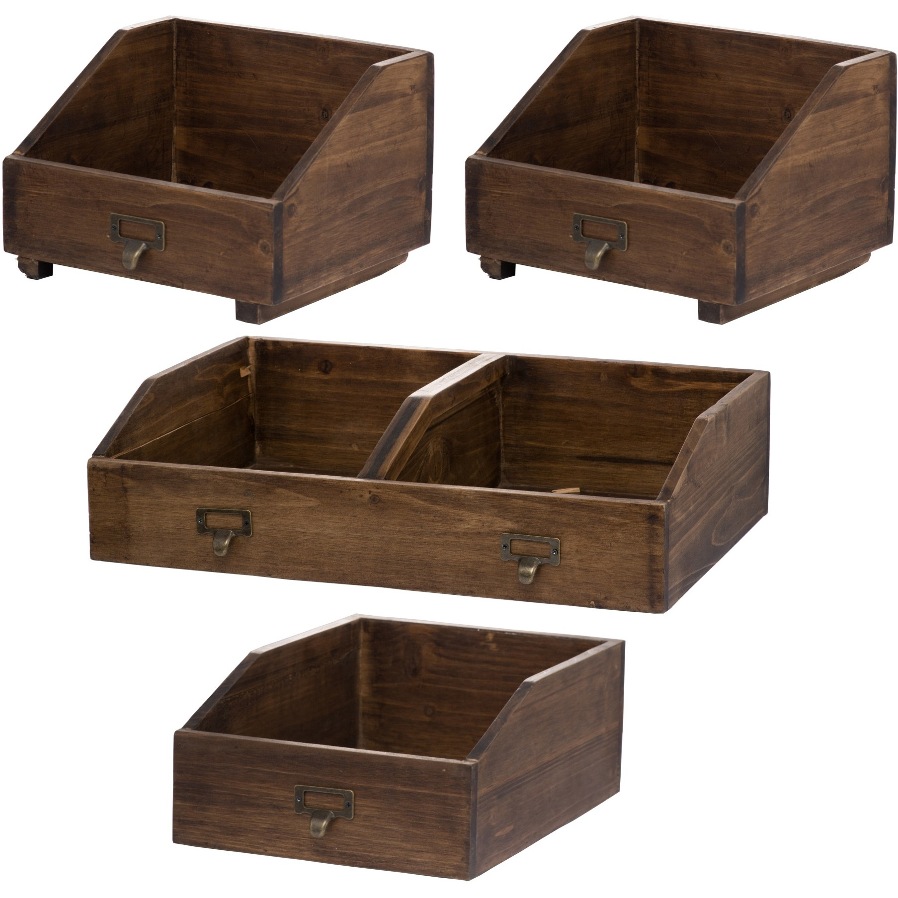 19, 13, 10 Inch Fir Wood Box, Set of 4 with Metal Handles, Antique Brown