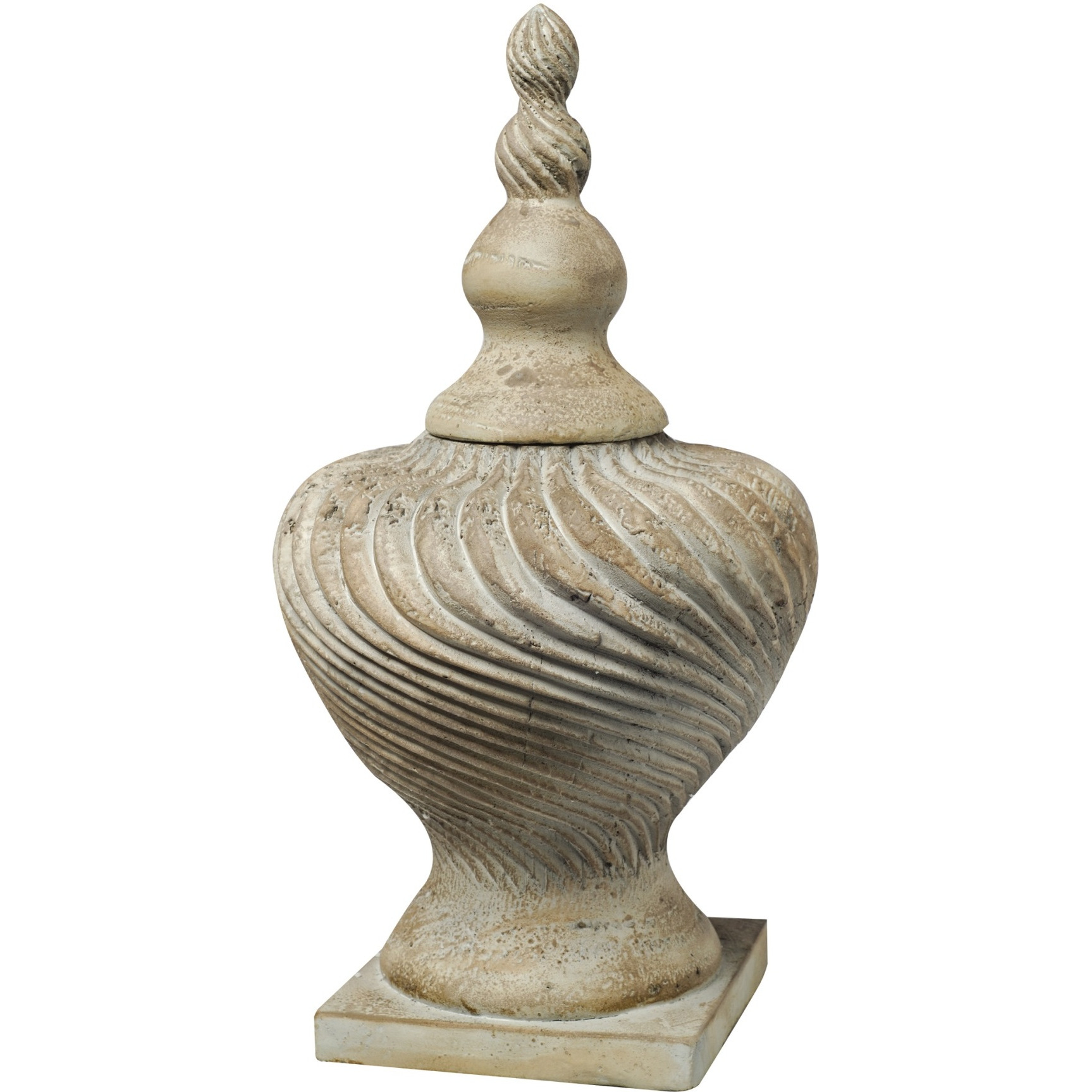 22 Inch Lidded Vase with Turned Finial Design and Swirl Pattern, White