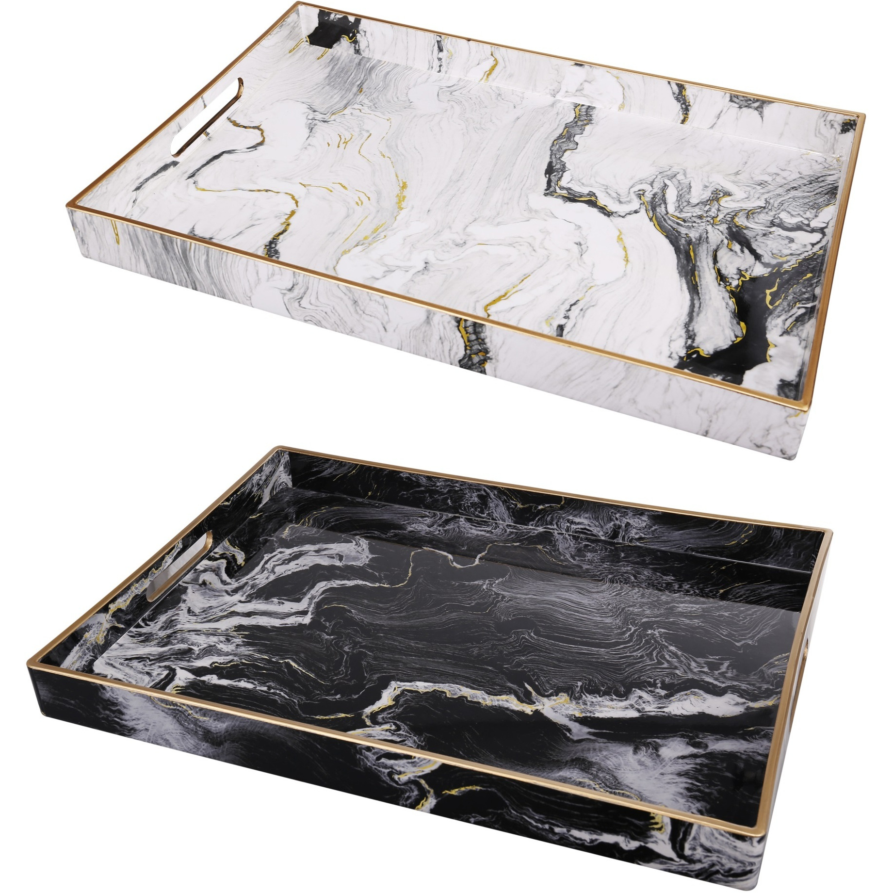 19, 18 Inch Set of 2 Modern Decorative Trays with Rims, Black and White