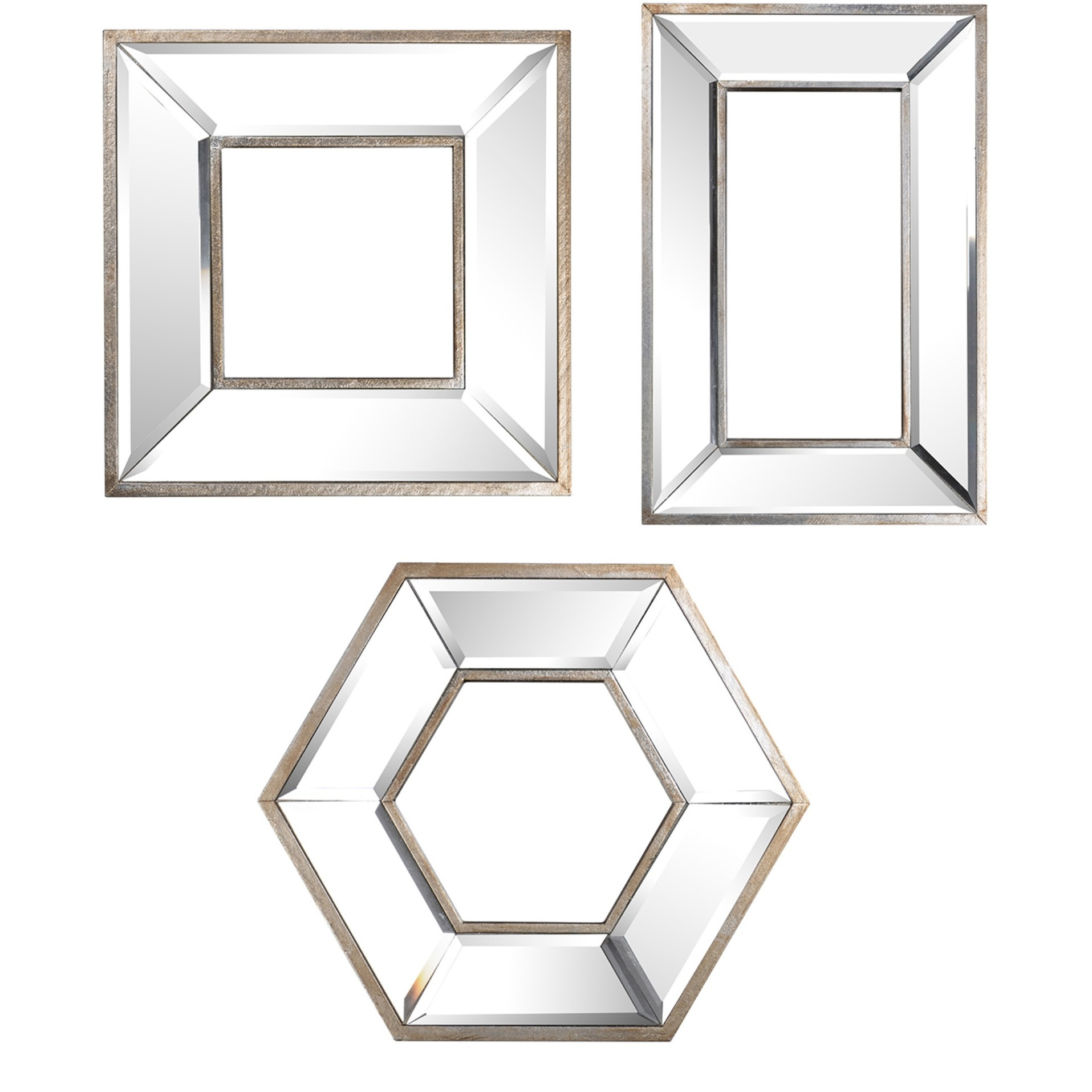 18, 14, 11 Inch Modern Accent Wall Mirror, Set of 3 Varied Shapes, Silver