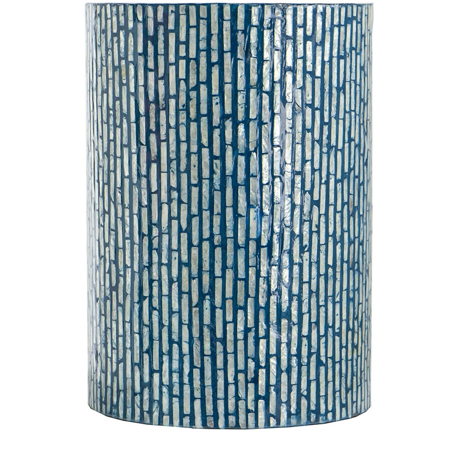 20 Inch Capiz Accent Stool Table, Cylindrical Linear Pattern, Blue, Black