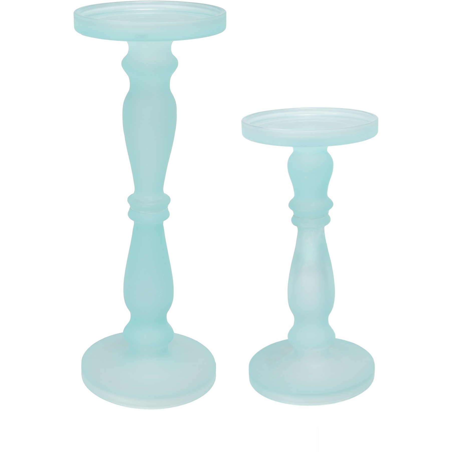 Qui 14, 11 Inch Candle Holders, Turned Pedestal, Blue Glass, Set of 2