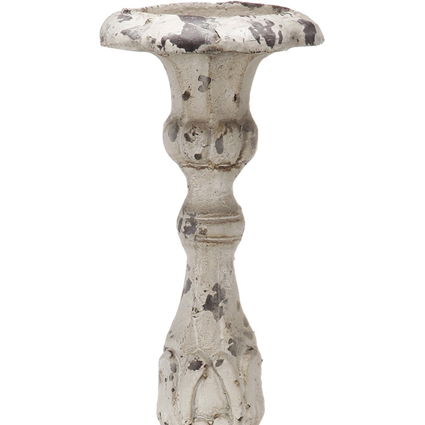 28 Inch Metal Candle Holder, Classical Turned Pedestal, Distressed White