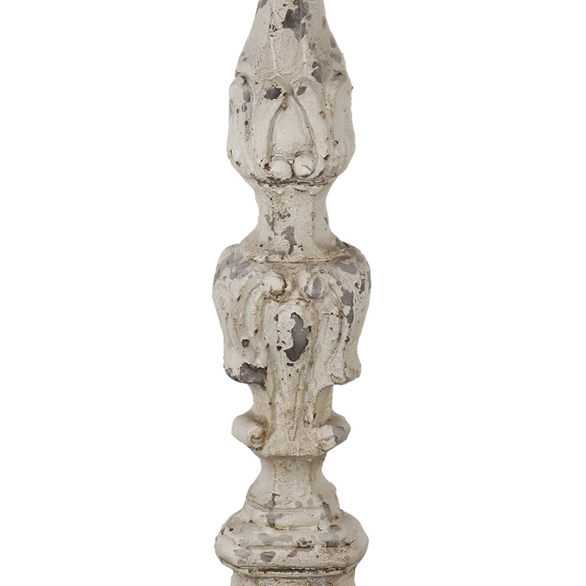 28 Inch Metal Candle Holder, Classical Turned Pedestal, Distressed White