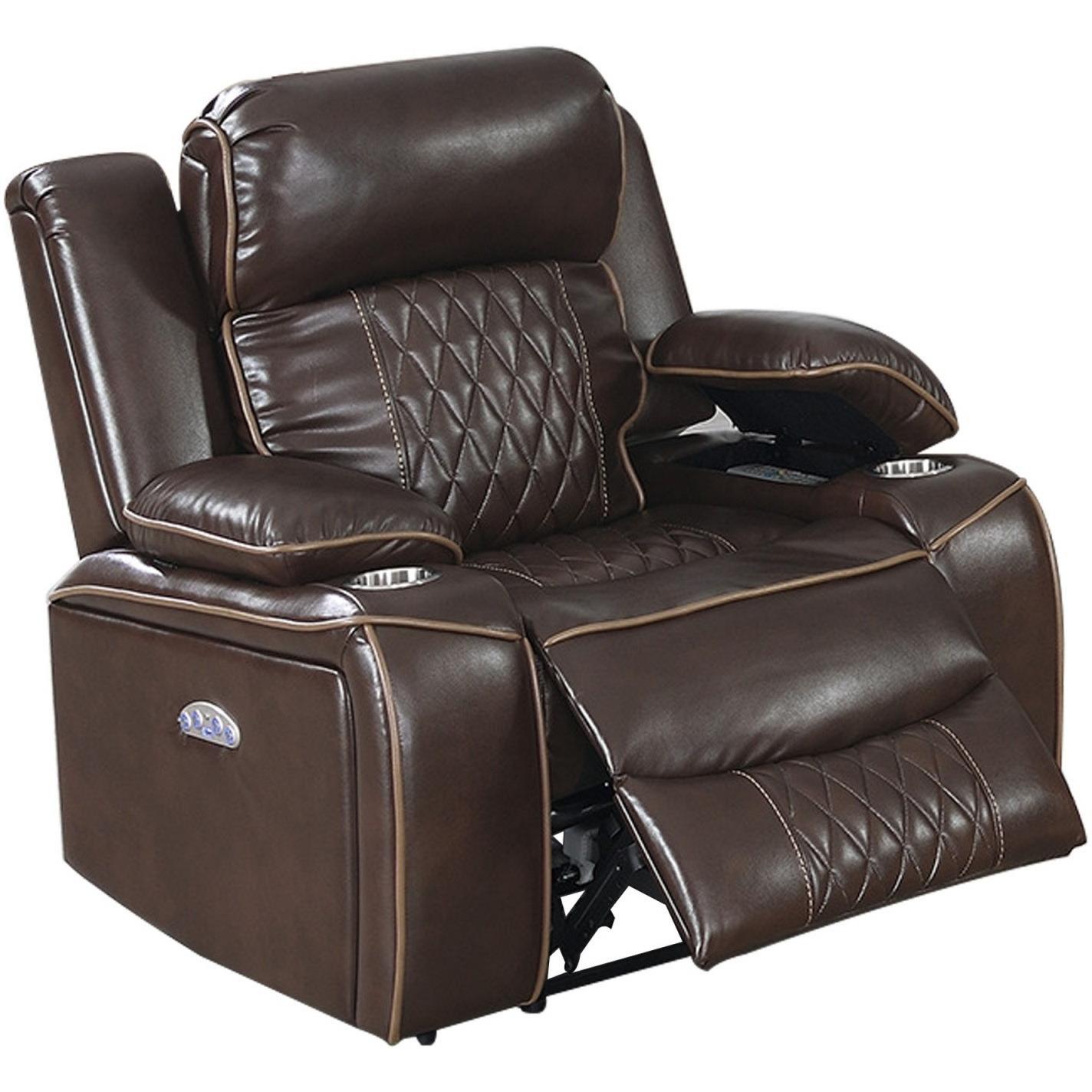 Xiu 38 Inch Power Recliner Chair, USB Port, Storage, Faux Leather, Brown
