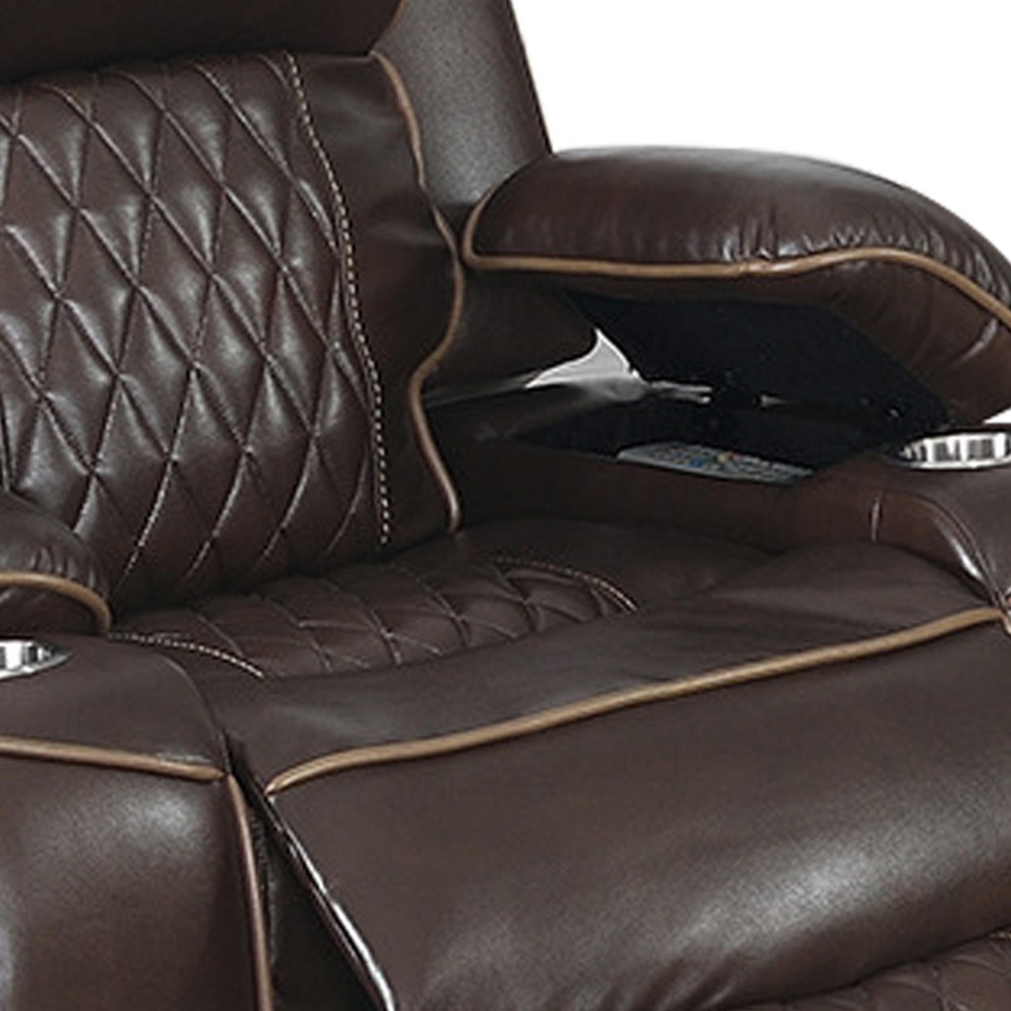 Xiu 38 Inch Power Recliner Chair, USB Port, Storage, Faux Leather, Brown