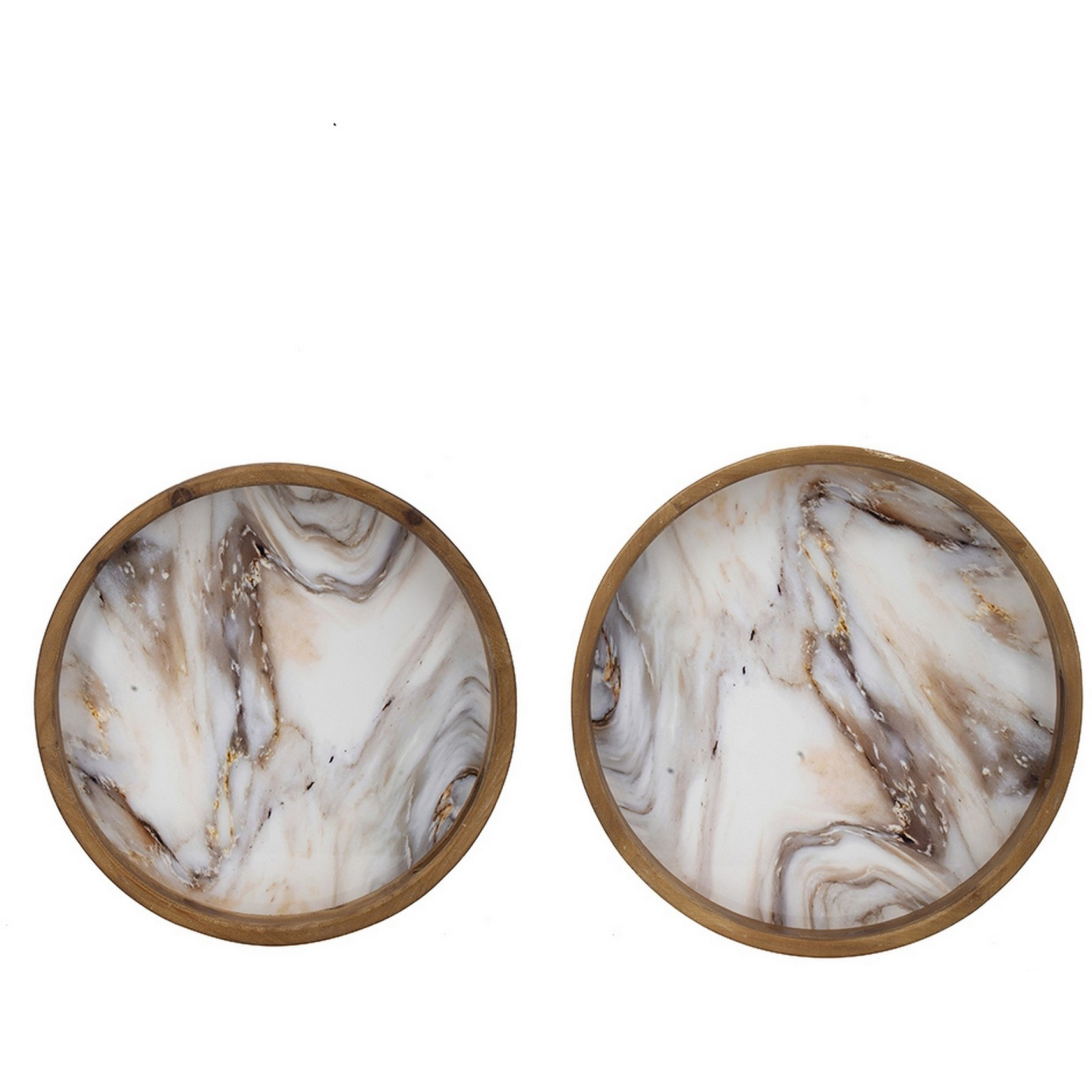 18, 15 Inch Round Decorative Tray, Marble Effect, Brown Fir Wood Frame
