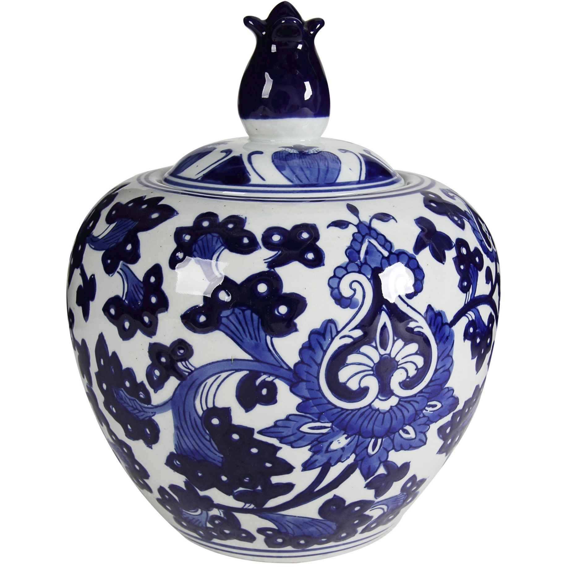 10 Inch Lidded Jar, Round Persian Floral Print, Blue and White Porcelain