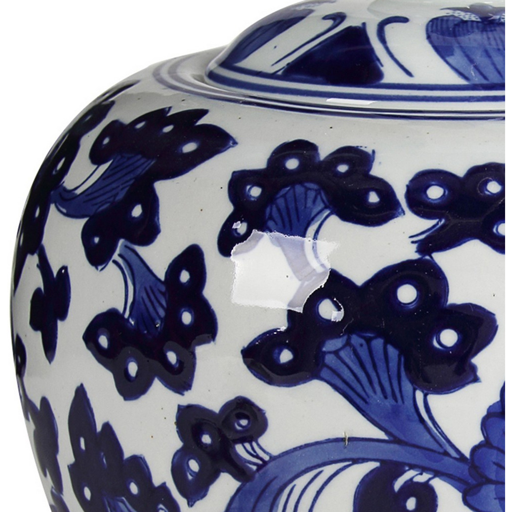 10 Inch Lidded Jar, Round Persian Floral Print, Blue and White Porcelain