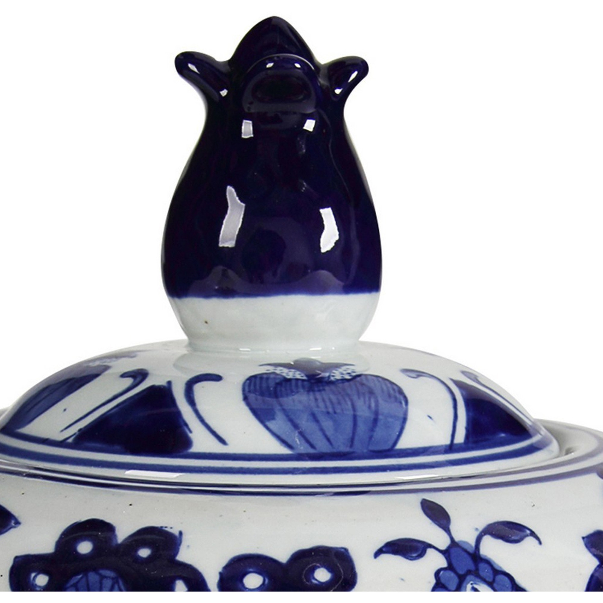 10 Inch Lidded Jar, Round Persian Floral Print, Blue and White Porcelain
