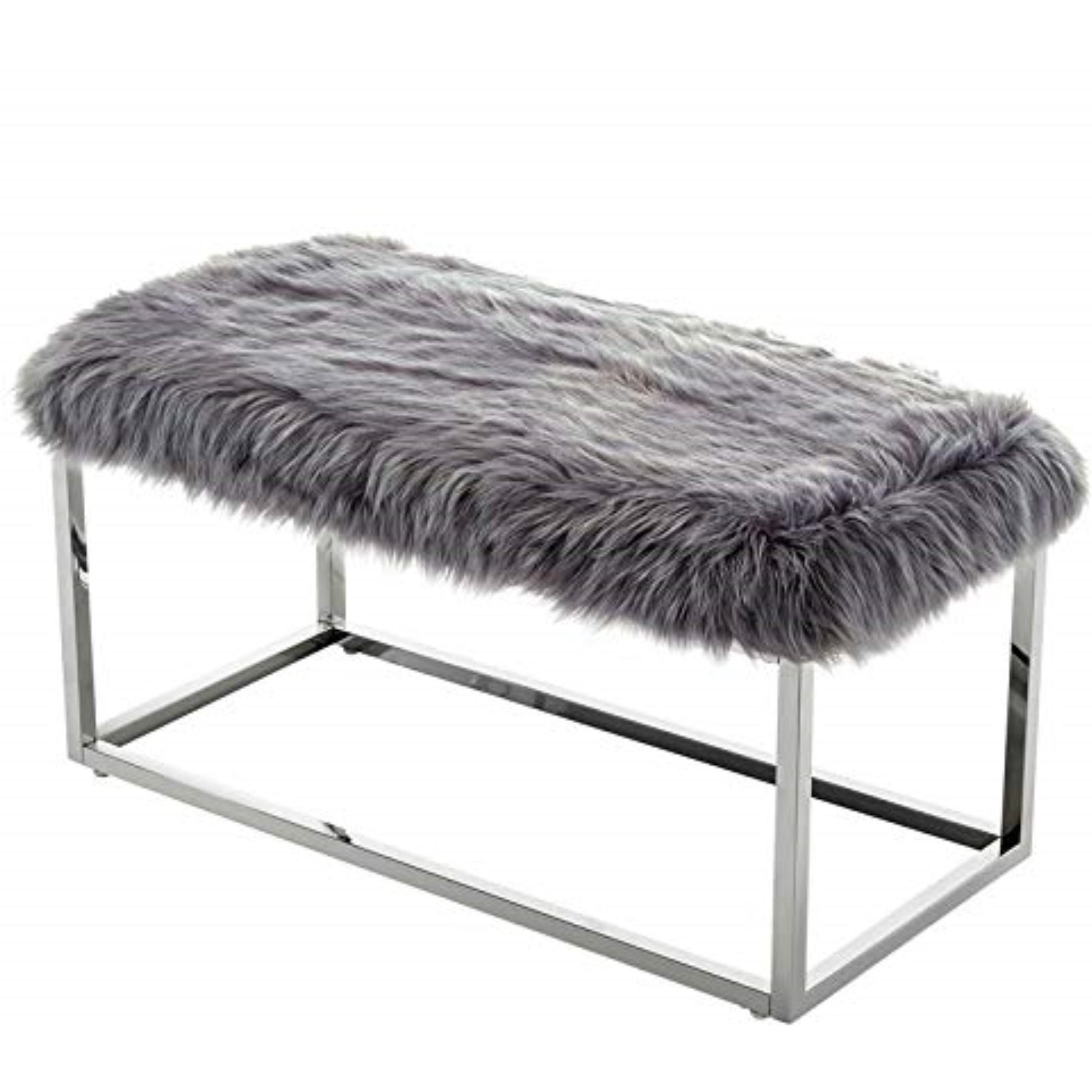 Joseph Faux Fur Chrome Metal Frame Ottoman Bench, Grey