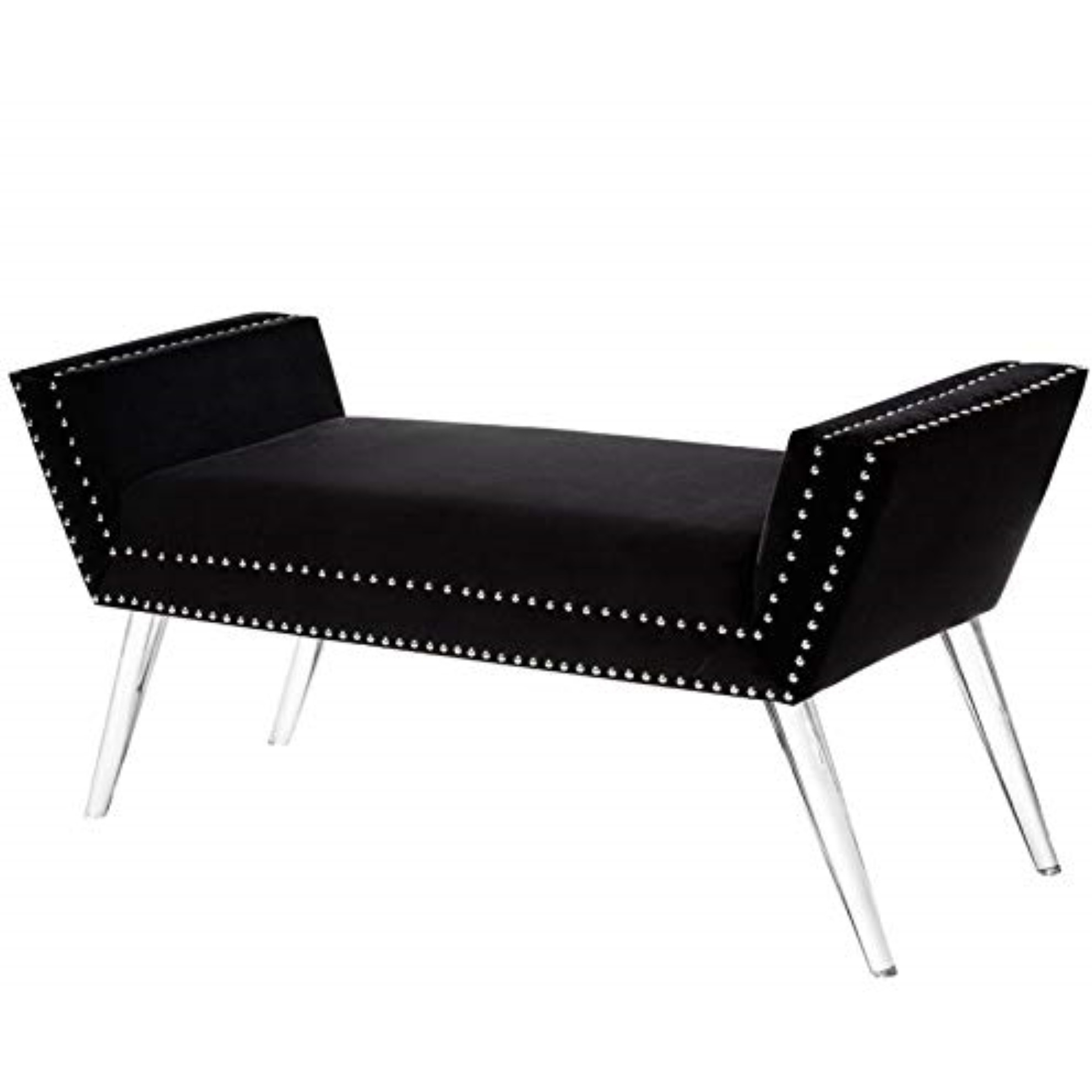 Katherine Velvet Modern Contemporary Nailhead Trim Acrylic Legs Bench , Black