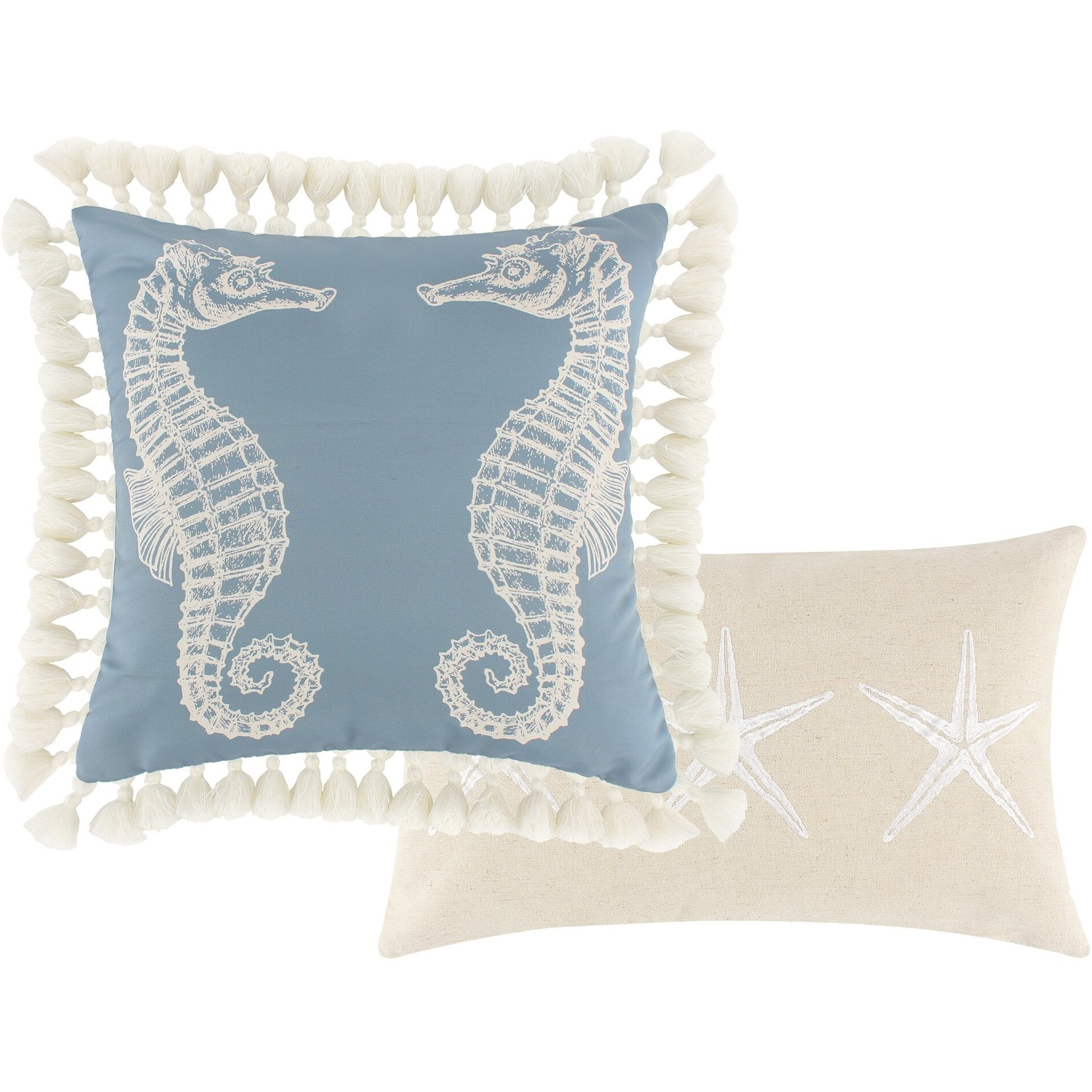 Set of 2 Decorative Throw Pillows, Seahorse and Starfish Polyester, Tassels