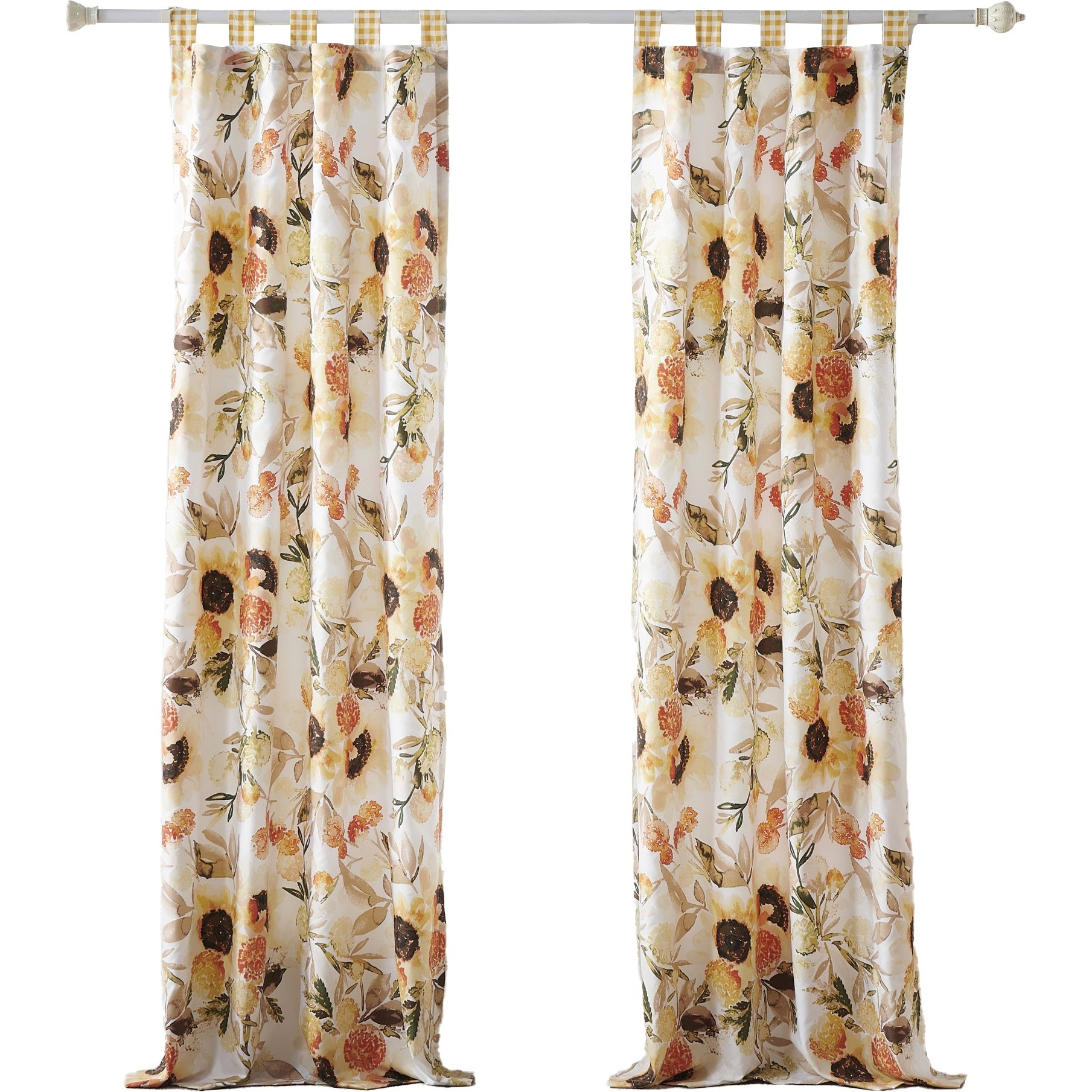 Kelsa Set of 2 Panel Curtains with Watercolor Sunflowers, Ruffled, Gold