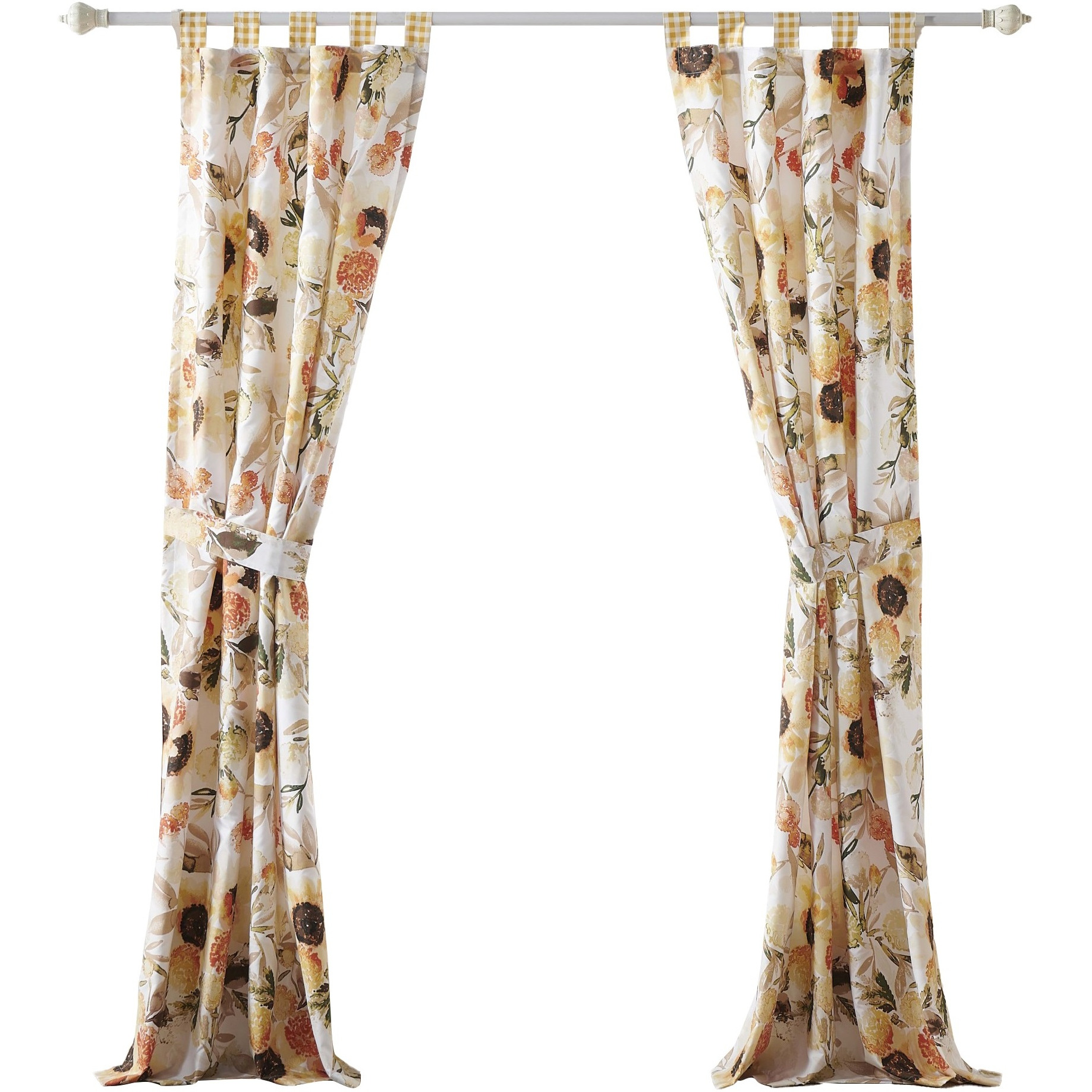 Kelsa Set of 2 Panel Curtains with Watercolor Sunflowers, Ruffled, Gold