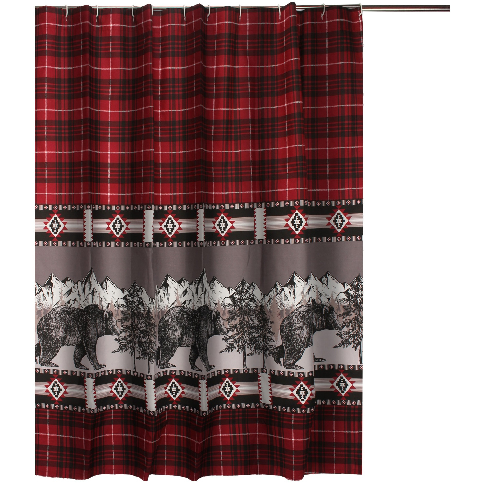 Sofia 72 Inch Bear Shower Curtain, Red and Black Plaid, Poly Microfiber