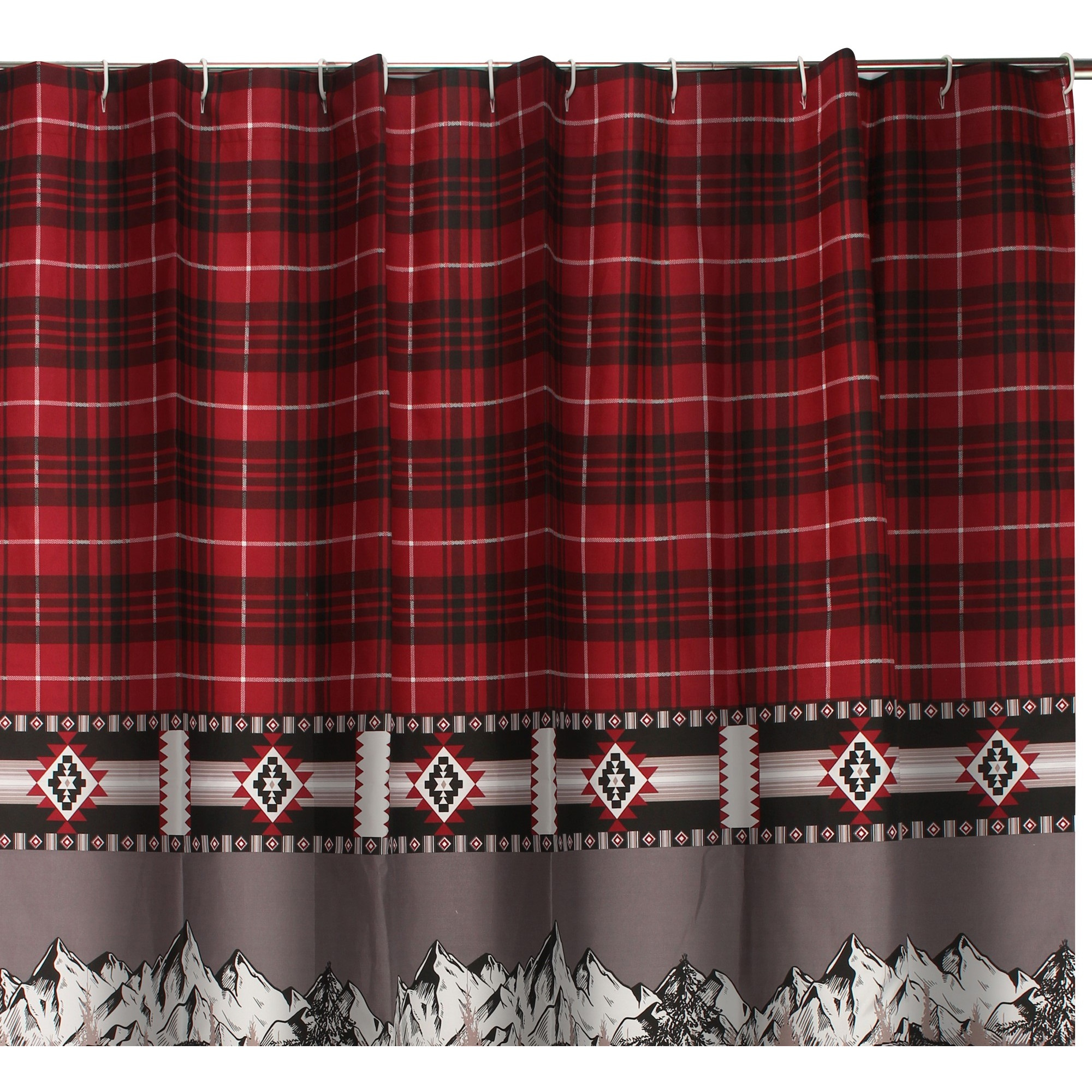 Sofia 72 Inch Bear Shower Curtain, Red and Black Plaid, Poly Microfiber