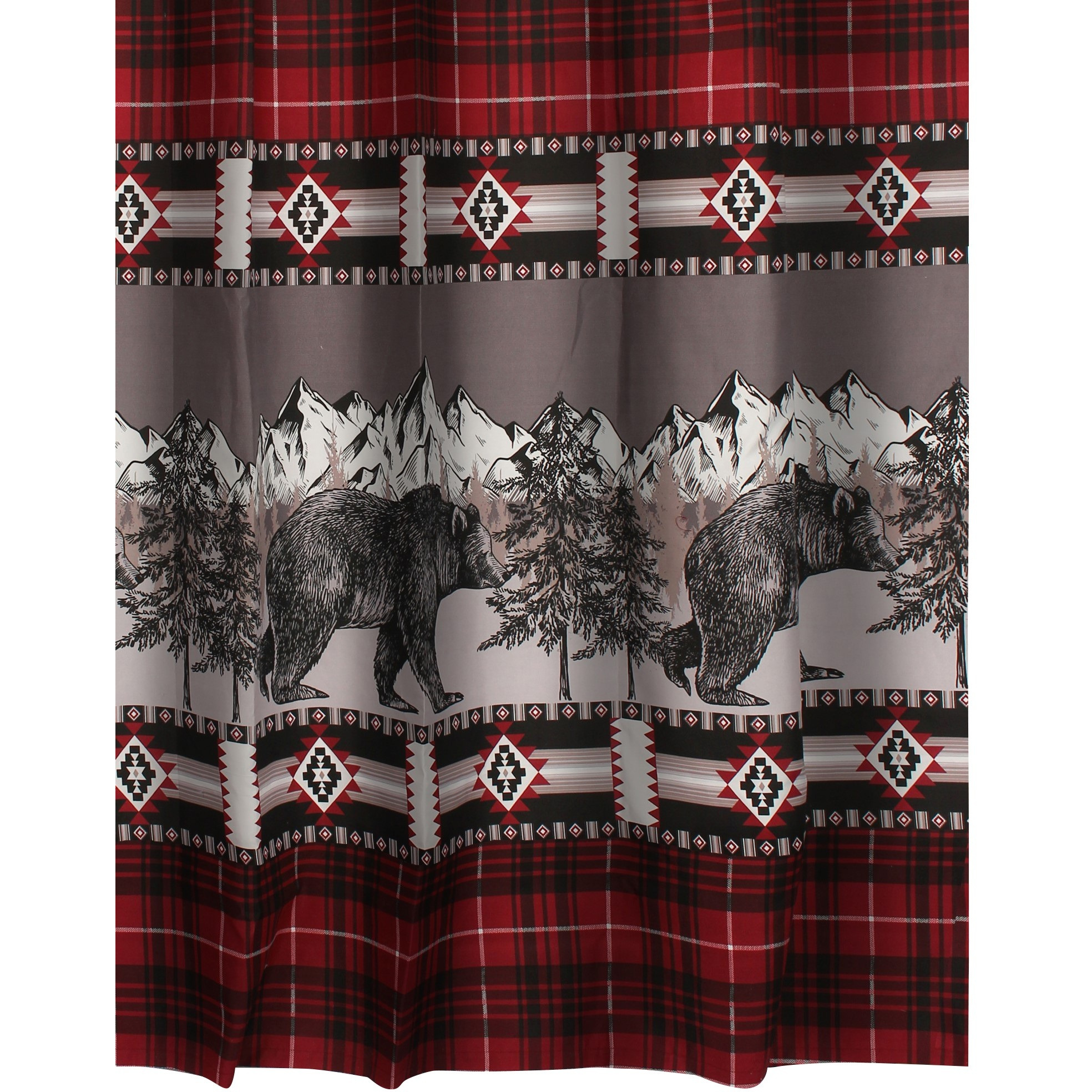 Sofia 72 Inch Bear Shower Curtain, Red and Black Plaid, Poly Microfiber