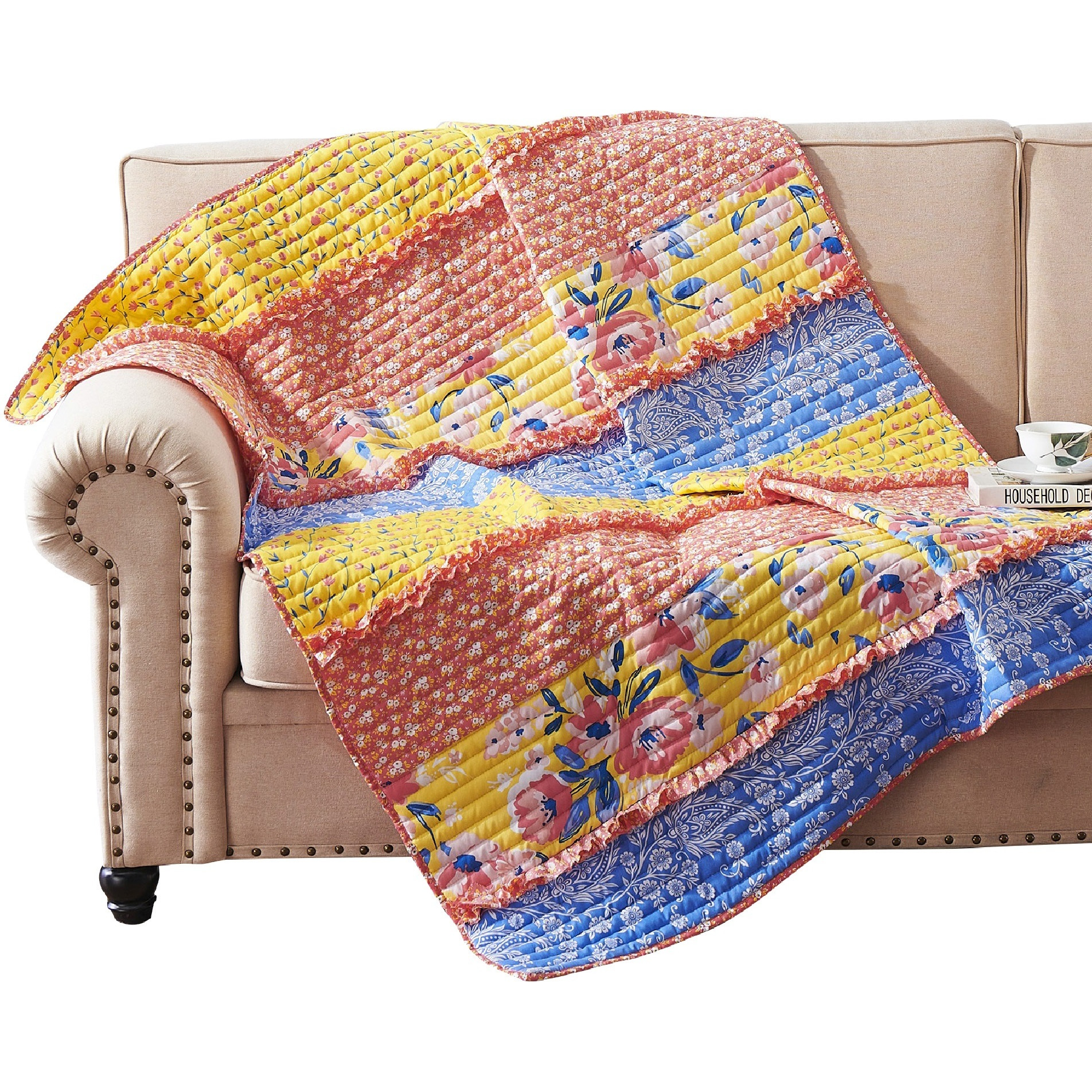 Lio 60 x 50 Quilted Ruffled Throw Blanket, Polyester Fill, Multicolor