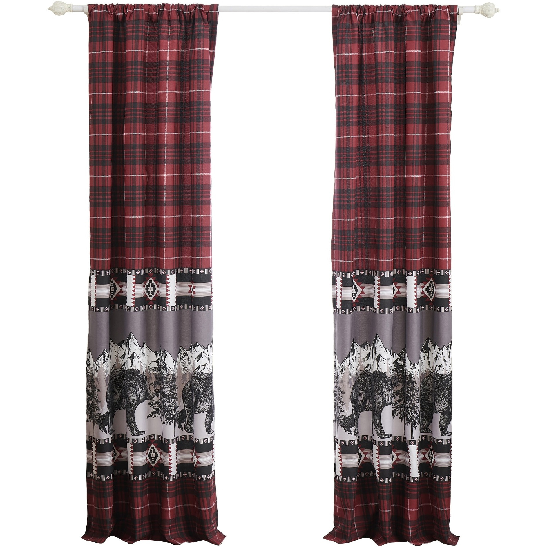 Sofia 84 Inch Bear Panel Curtains, Poly Microfiber, Red and Black Plaid