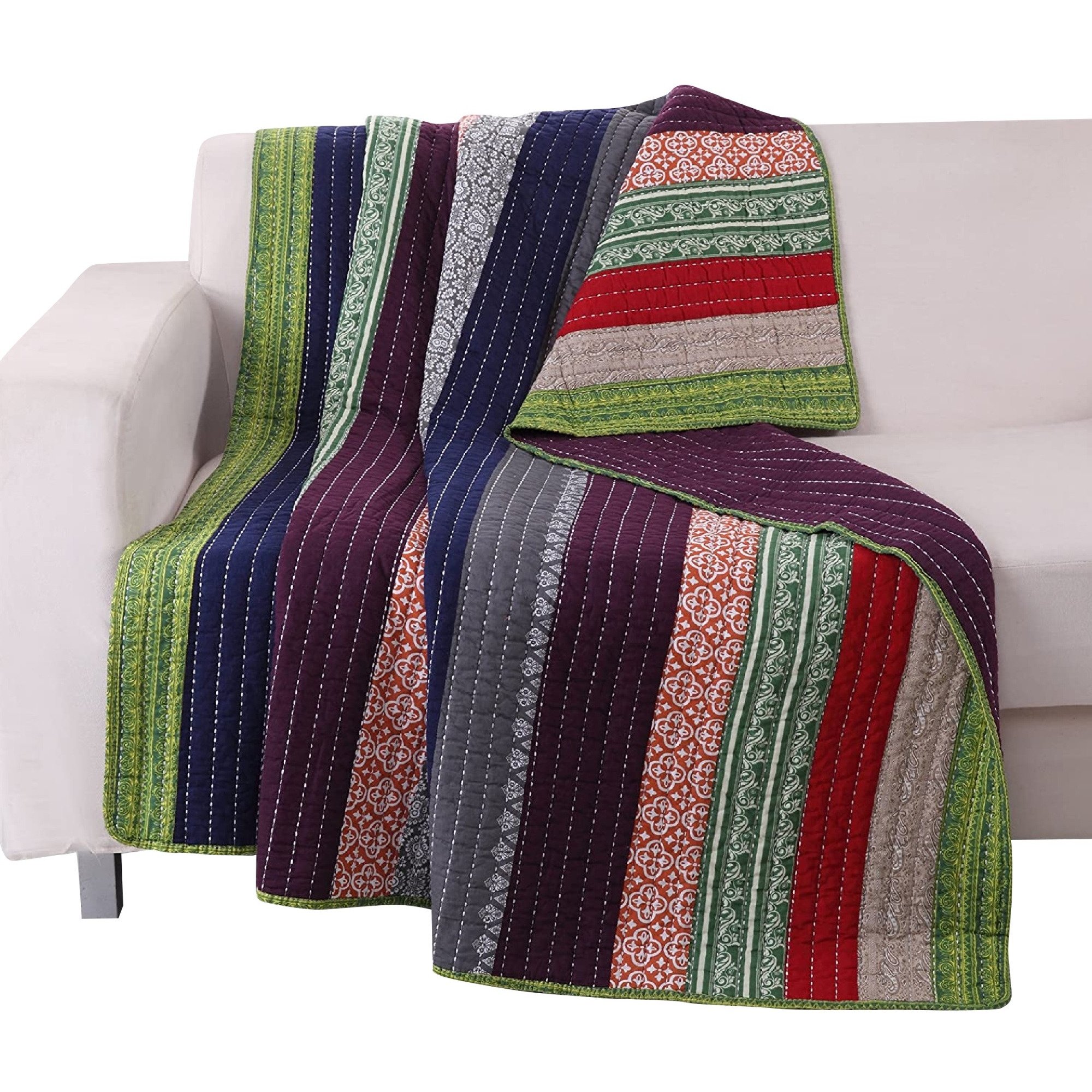 60 Inch Cotton Throw Blanket, Multi Color Stripes, Kantha Hand Quilting