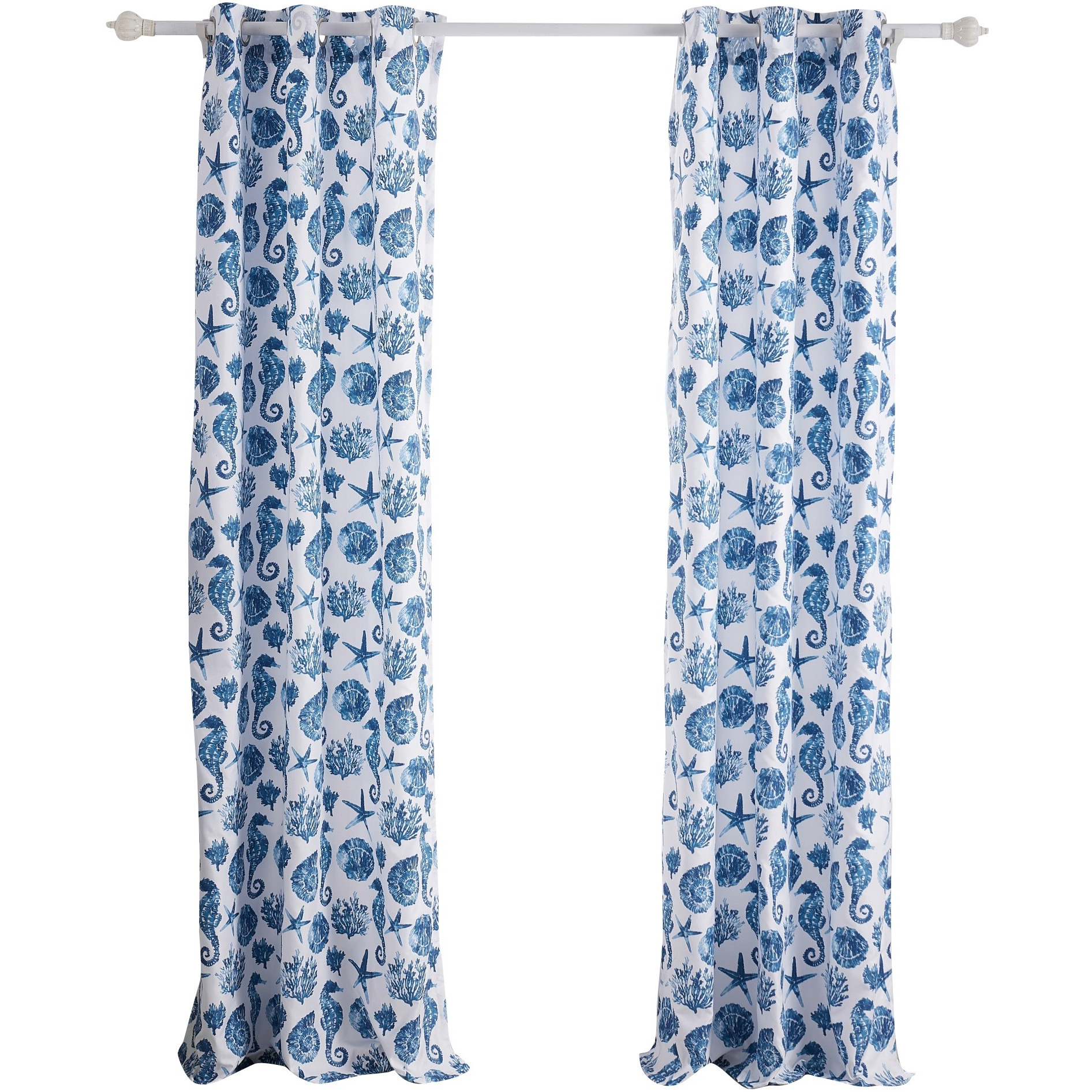 Riga 84 Inch Window Curtains, Blue Seashells Print, Microfiber, Rod Pockets