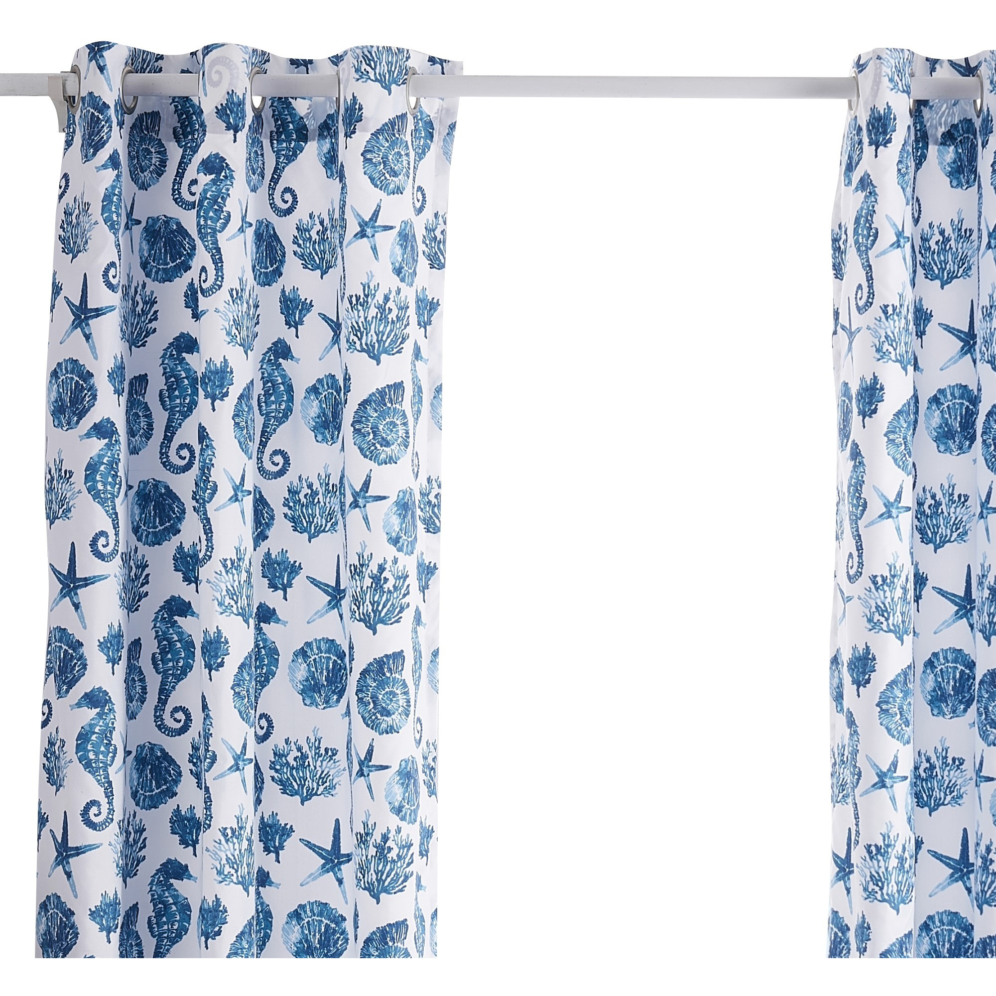 Riga 84 Inch Window Curtains, Blue Seashells Print, Microfiber, Rod Pockets