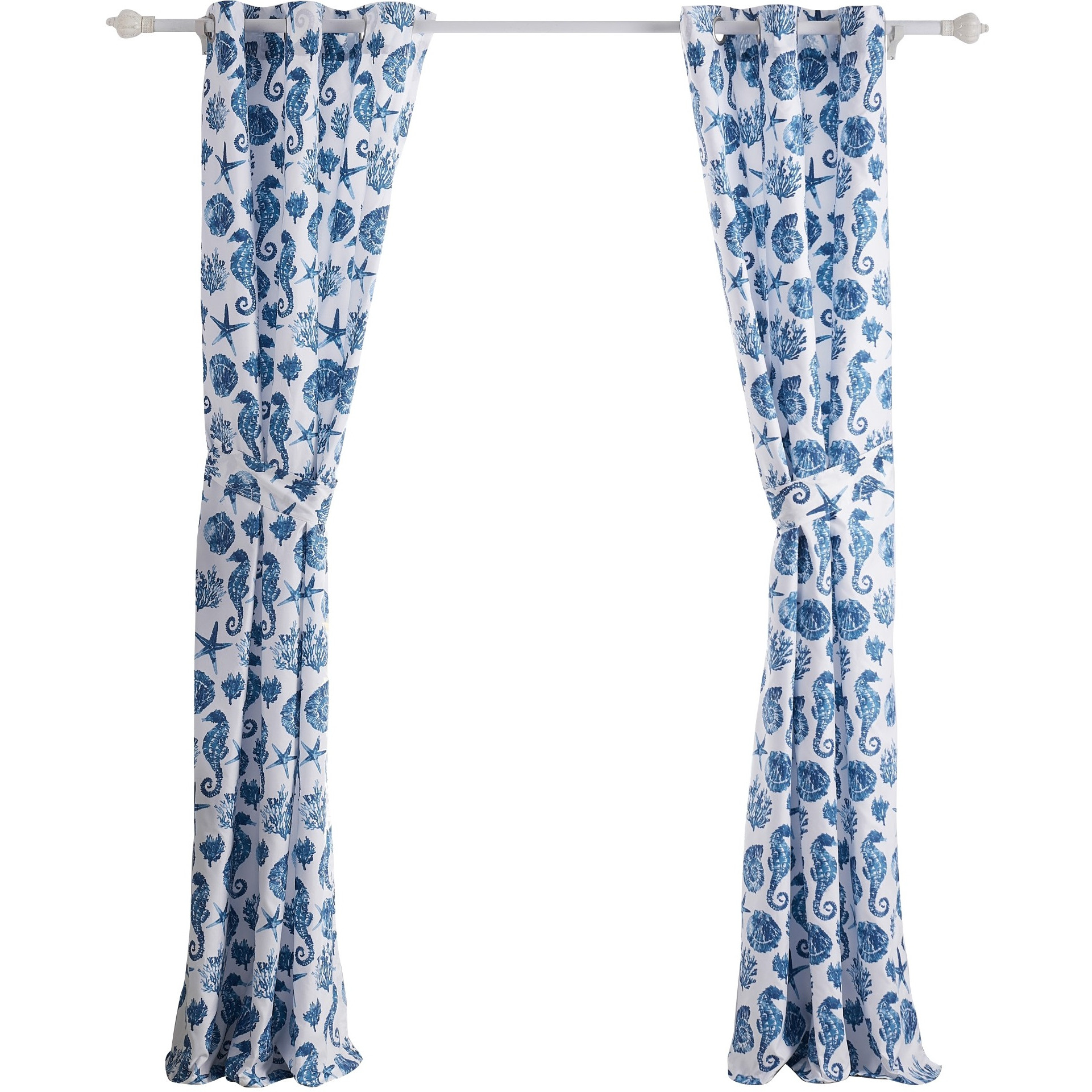 Riga 84 Inch Window Curtains, Blue Seashells Print, Microfiber, Rod Pockets