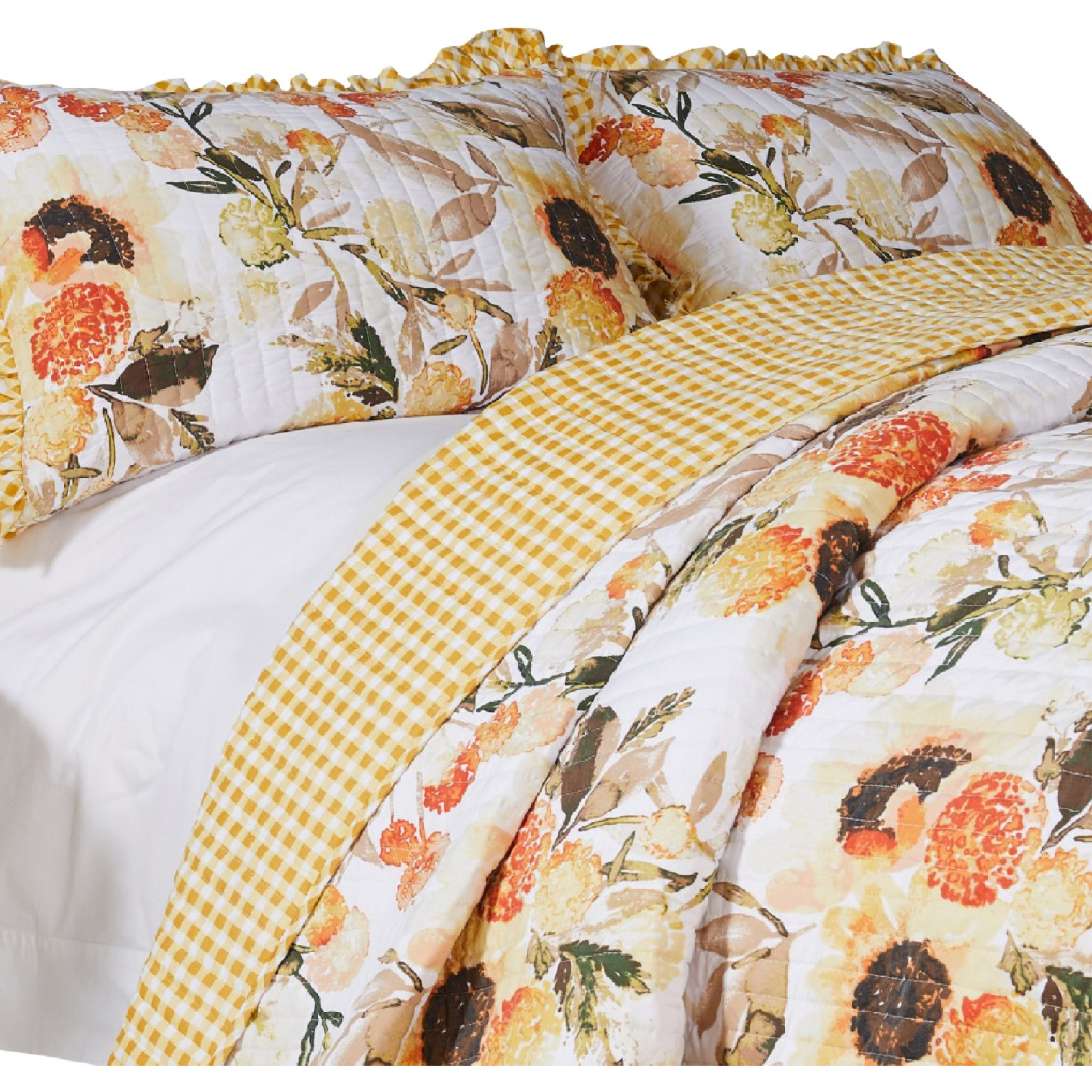 Kelsa 2 Piece Twin Quilt Set with Pillow Sham, Cotton, Ruffled Border, Gold