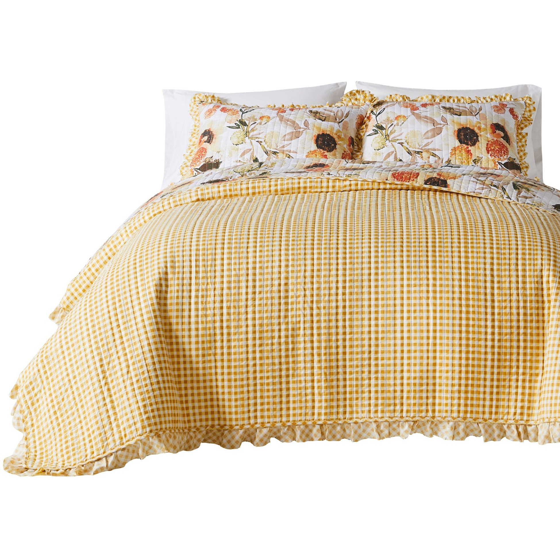 Kelsa 2 Piece Twin Quilt Set with Pillow Sham, Cotton, Ruffled Border, Gold
