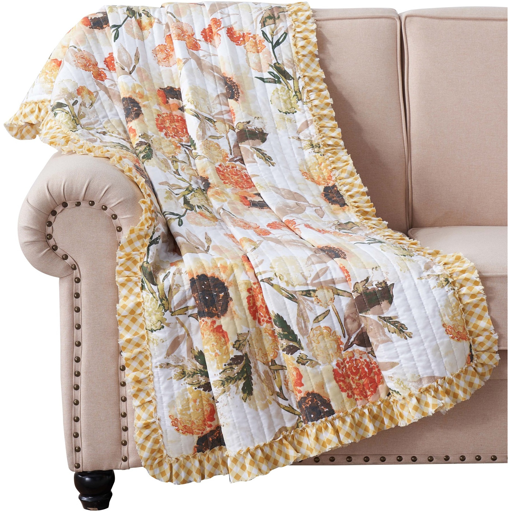 Kelsa 50 x 60 Channel Quilted Throw Blanket, Cotton Fill, Gold Sunflowers