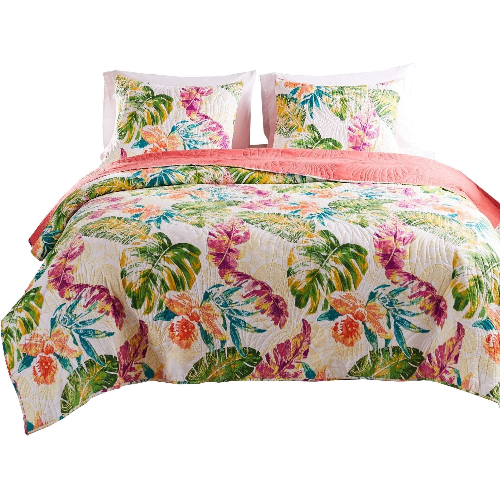 Aulne 3 Piece Full Quilt Set with Leaf Print, Multicolor