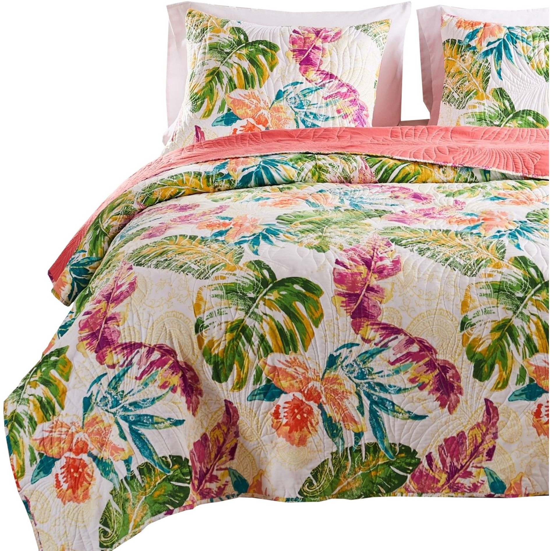 Aulne 3 Piece Full Quilt Set with Leaf Print, Multicolor