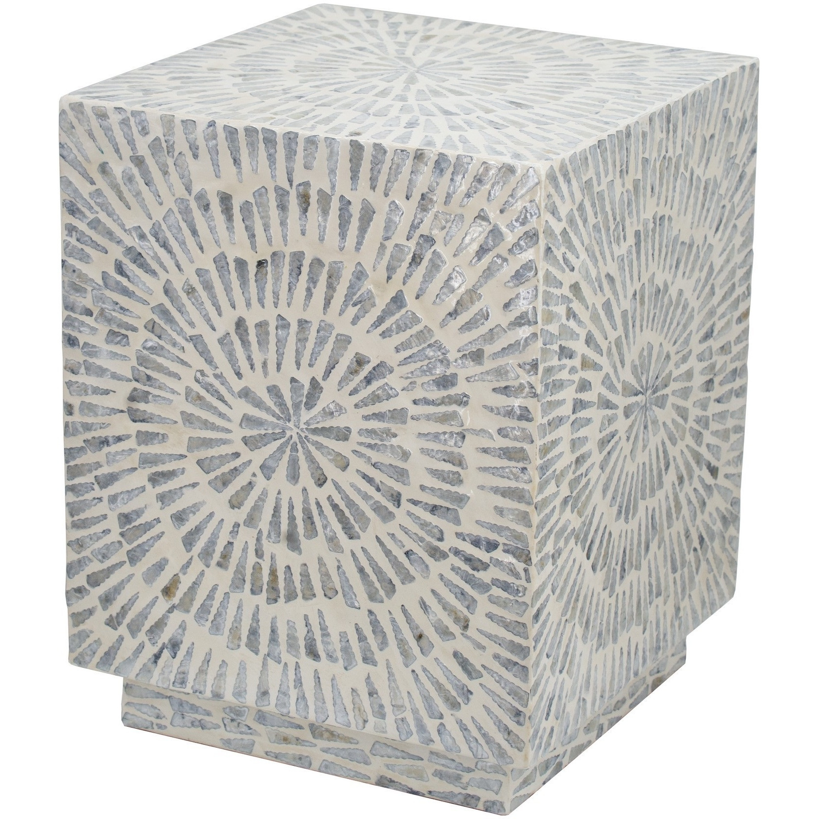 18 Inch Modern Capiz Accent Table Stool, Square, Gray Starburst Pattern