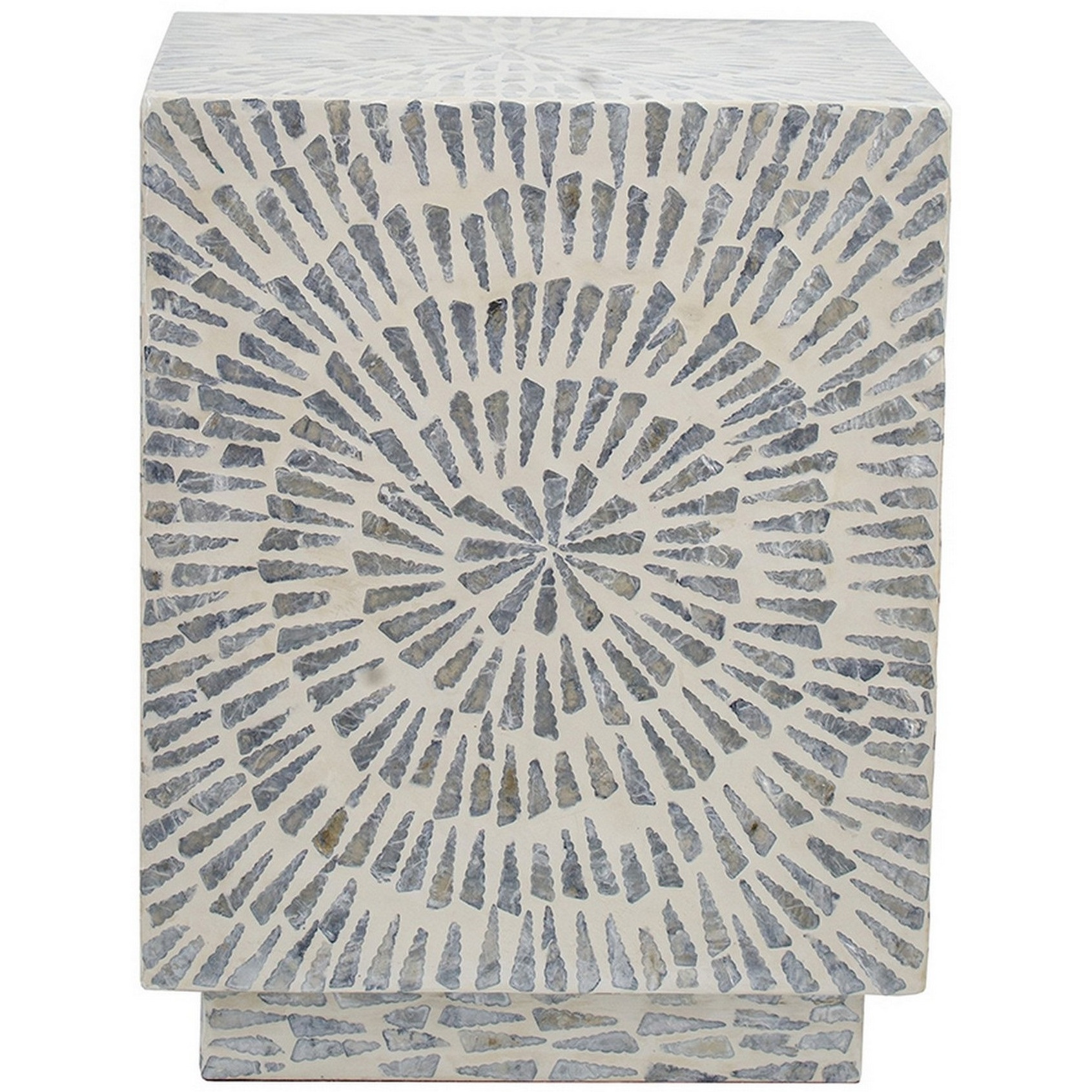18 Inch Modern Capiz Accent Table Stool, Square, Gray Starburst Pattern