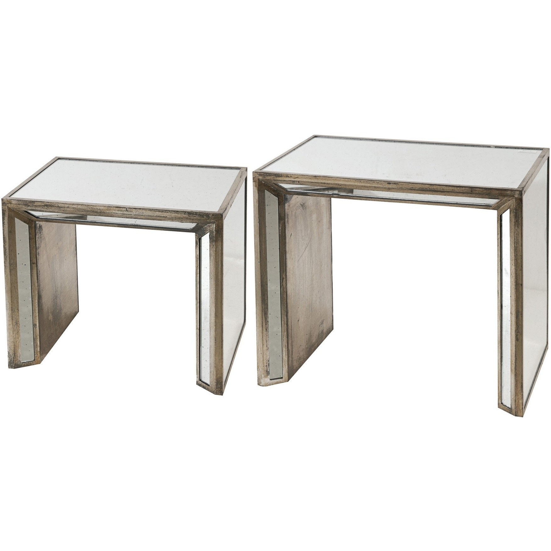 27, 21 Inch Nesting Side Table Set of 2, Mirrored Wood Frame, Silver