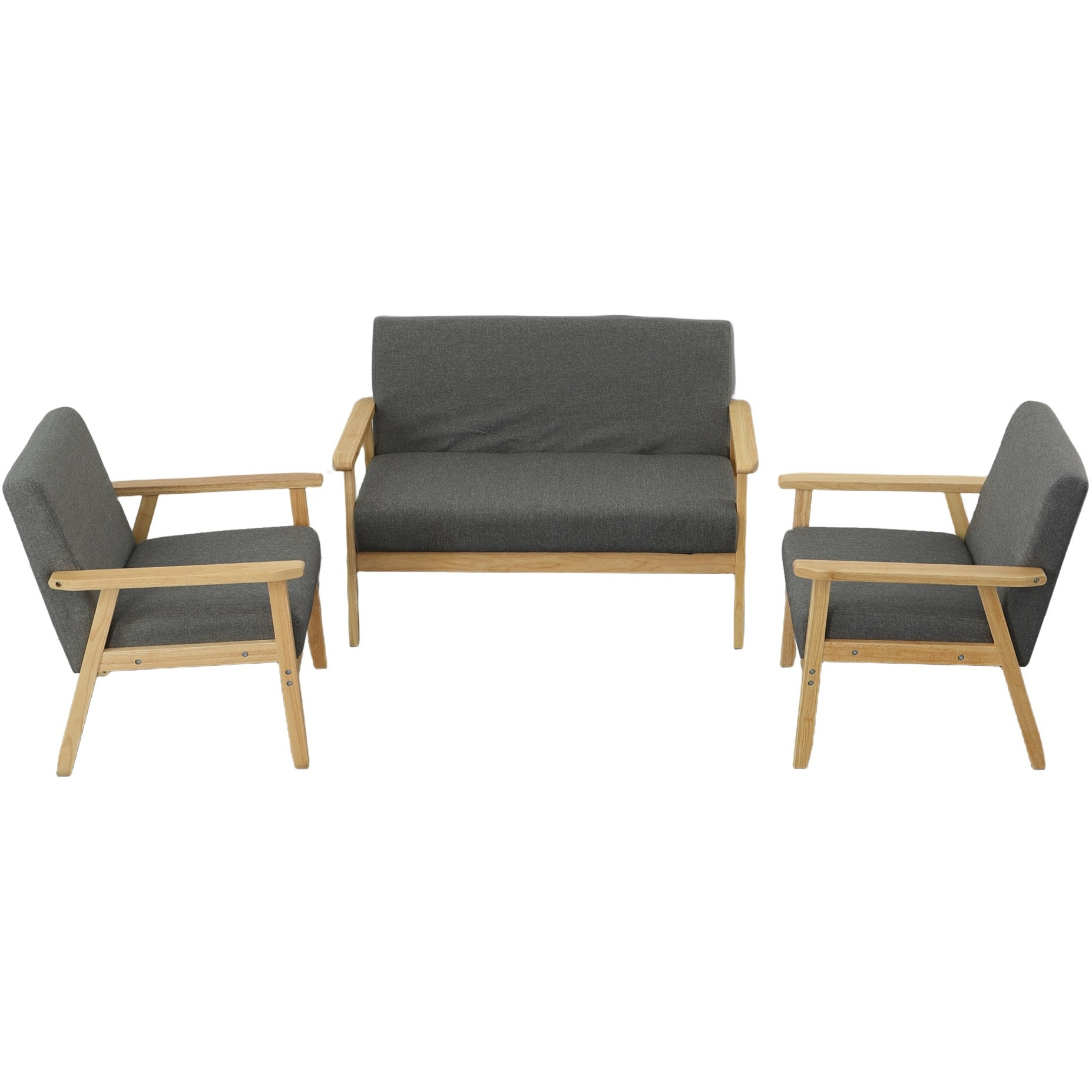 Gala 3 Piece Loveseat and Chair Set, Gray Fabric, Natural Brown Wood Frame
