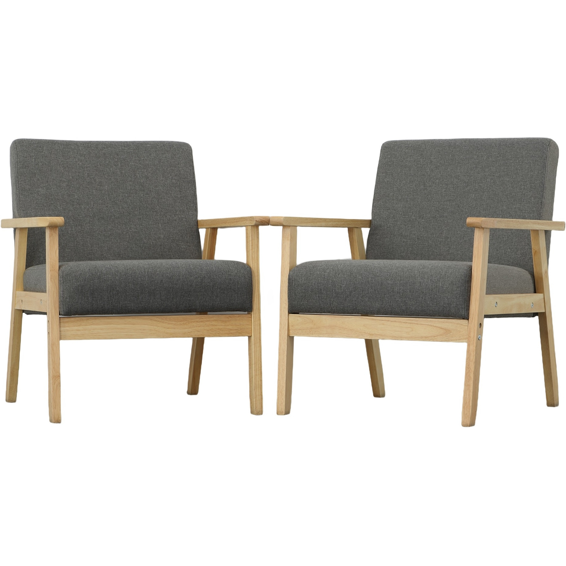 Gala 3 Piece Loveseat and Chair Set, Gray Fabric, Natural Brown Wood Frame