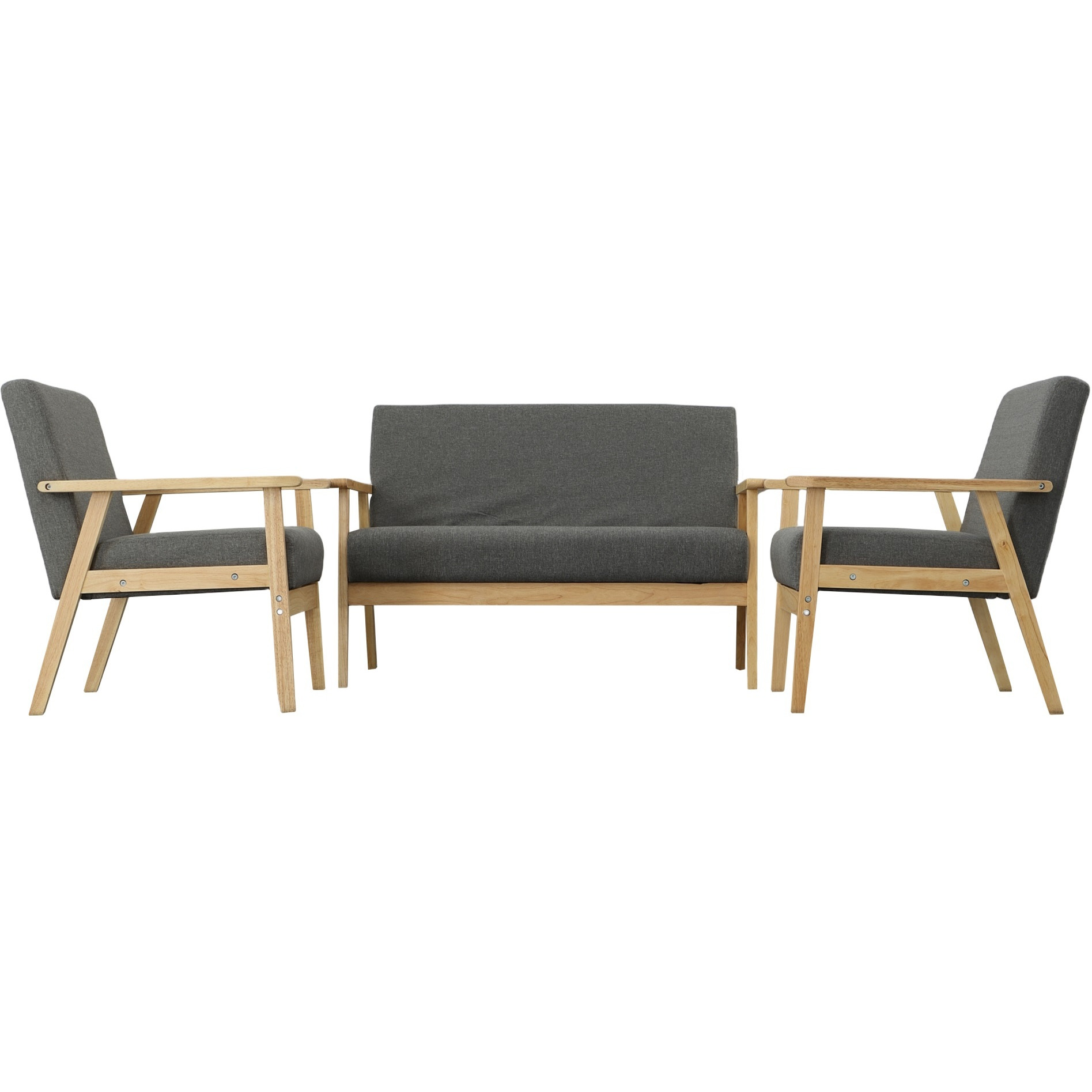 Gala 3 Piece Loveseat and Chair Set, Gray Fabric, Natural Brown Wood Frame