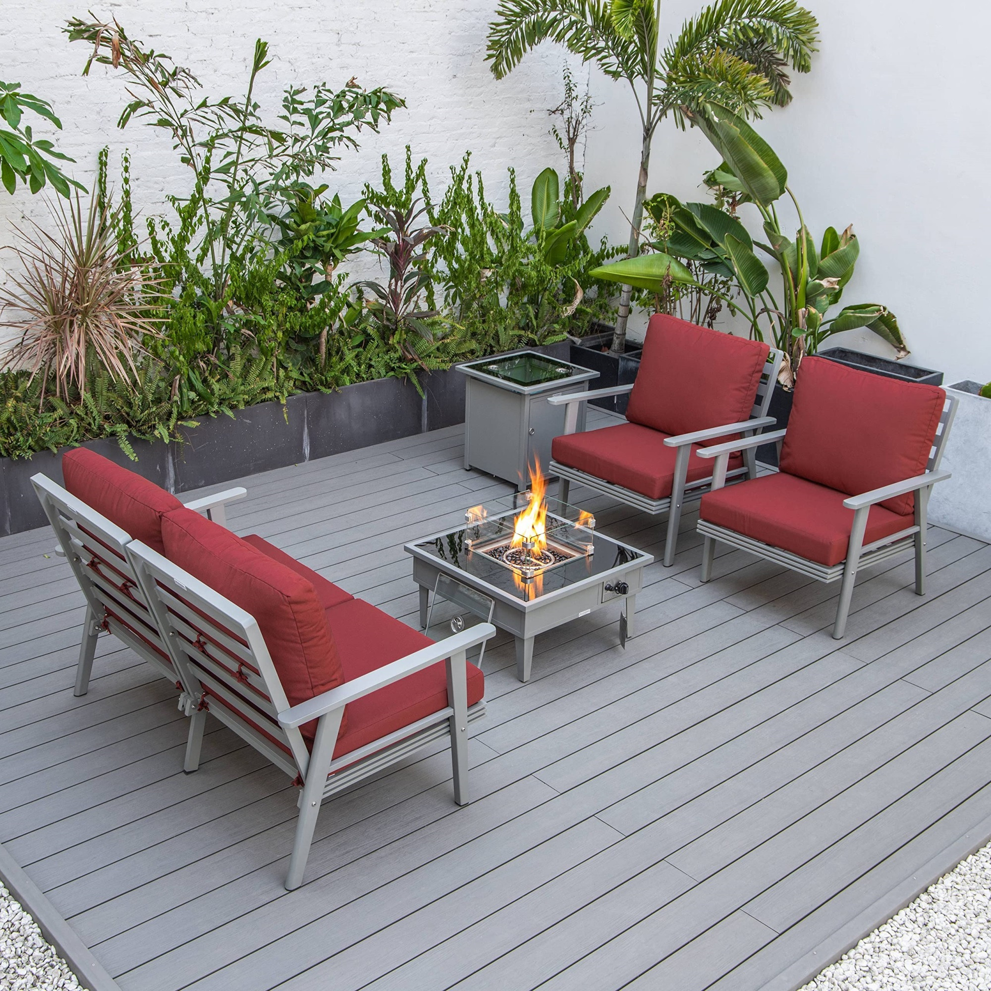LeisureMod Walbrooke Modern Grey Patio Conversation With Square Fire Pit & Tank Holder