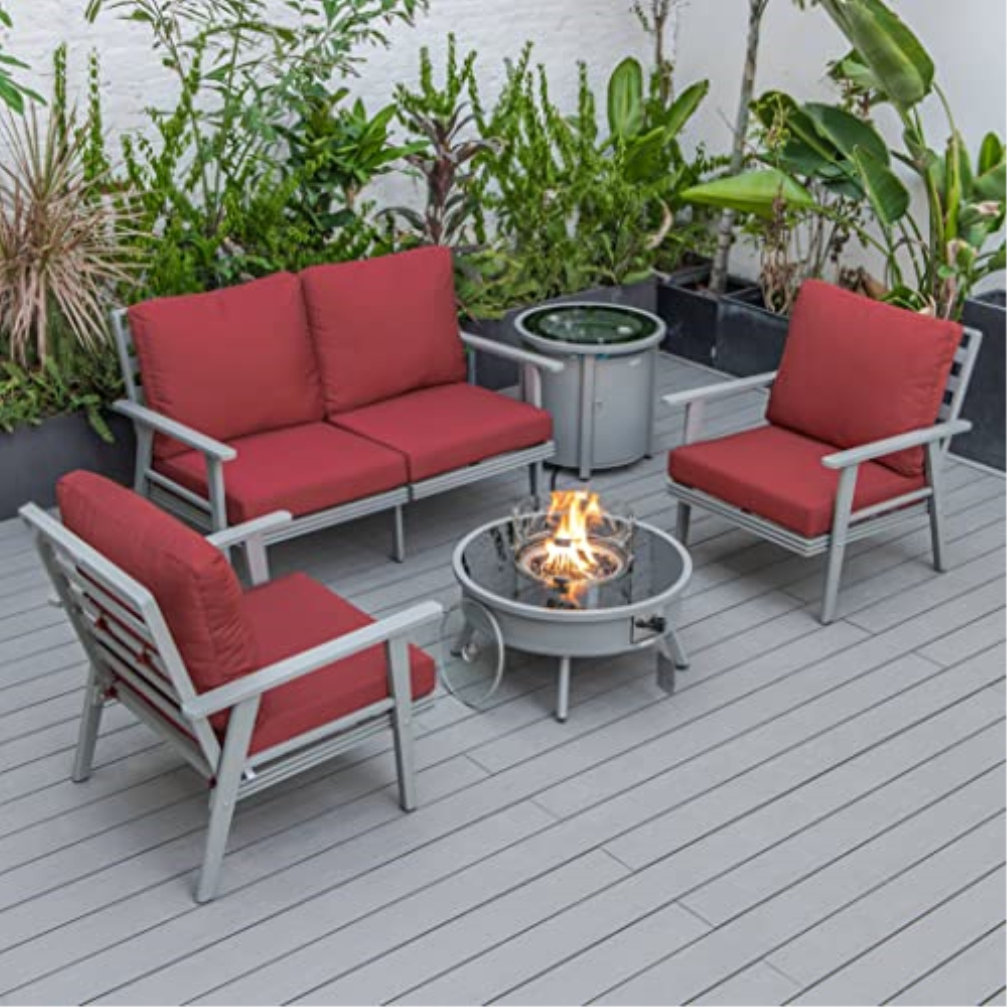 LeisureMod Walbrooke Modern Grey Patio Conversation With Round Fire Pit & Tank Holder
