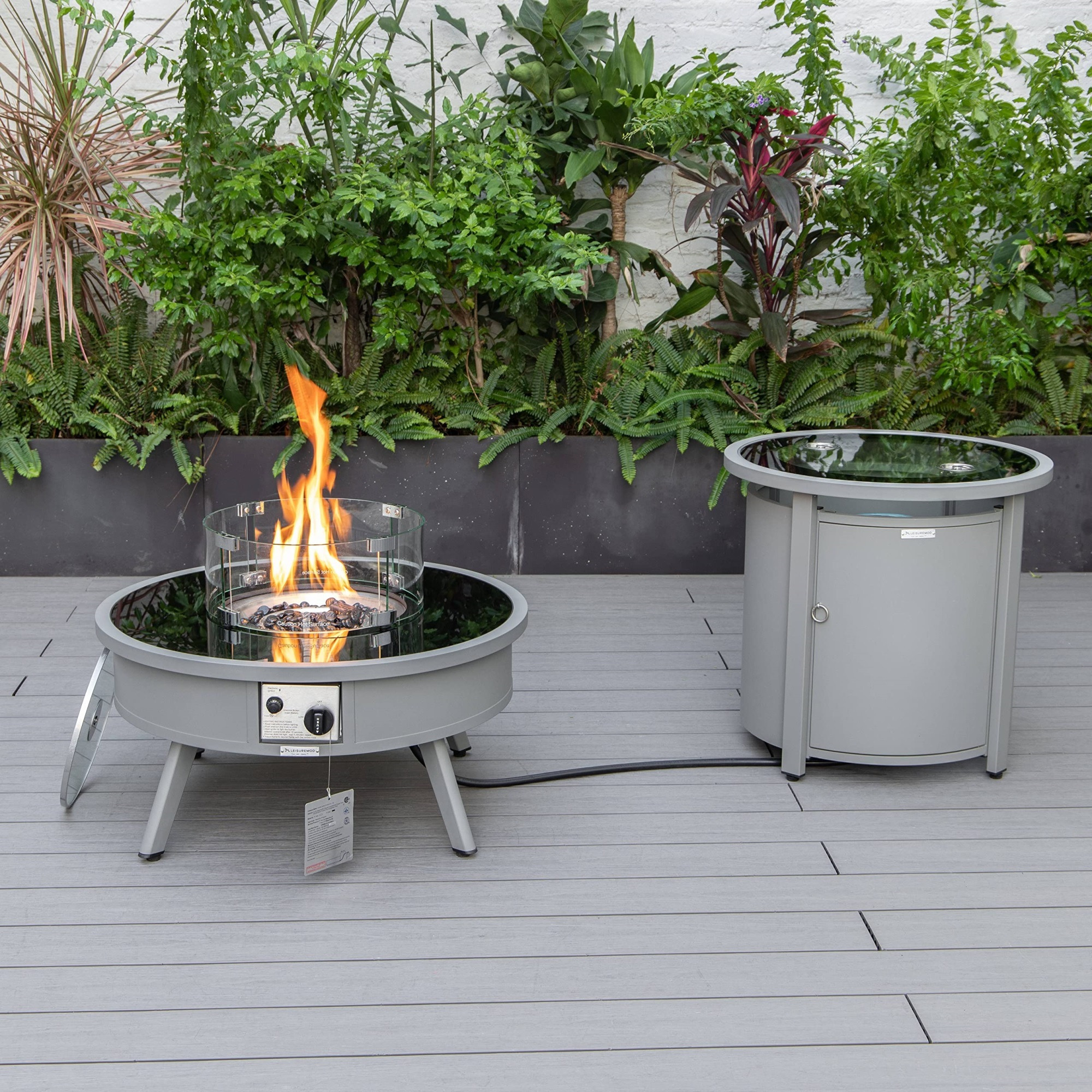 LeisureMod Walbrooke Modern Grey Patio Conversation With Round Fire Pit & Tank Holder