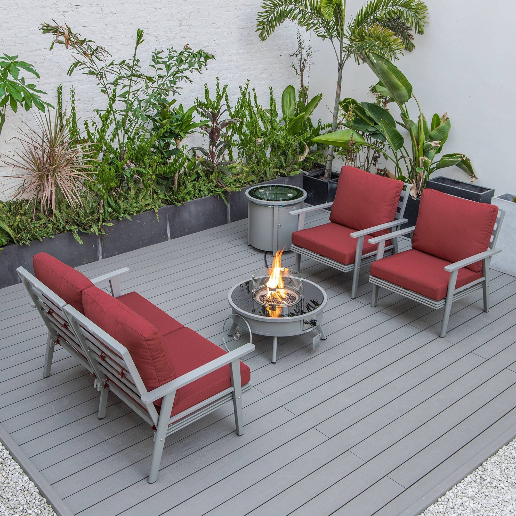 LeisureMod Walbrooke Modern Grey Patio Conversation With Round Fire Pit & Tank Holder