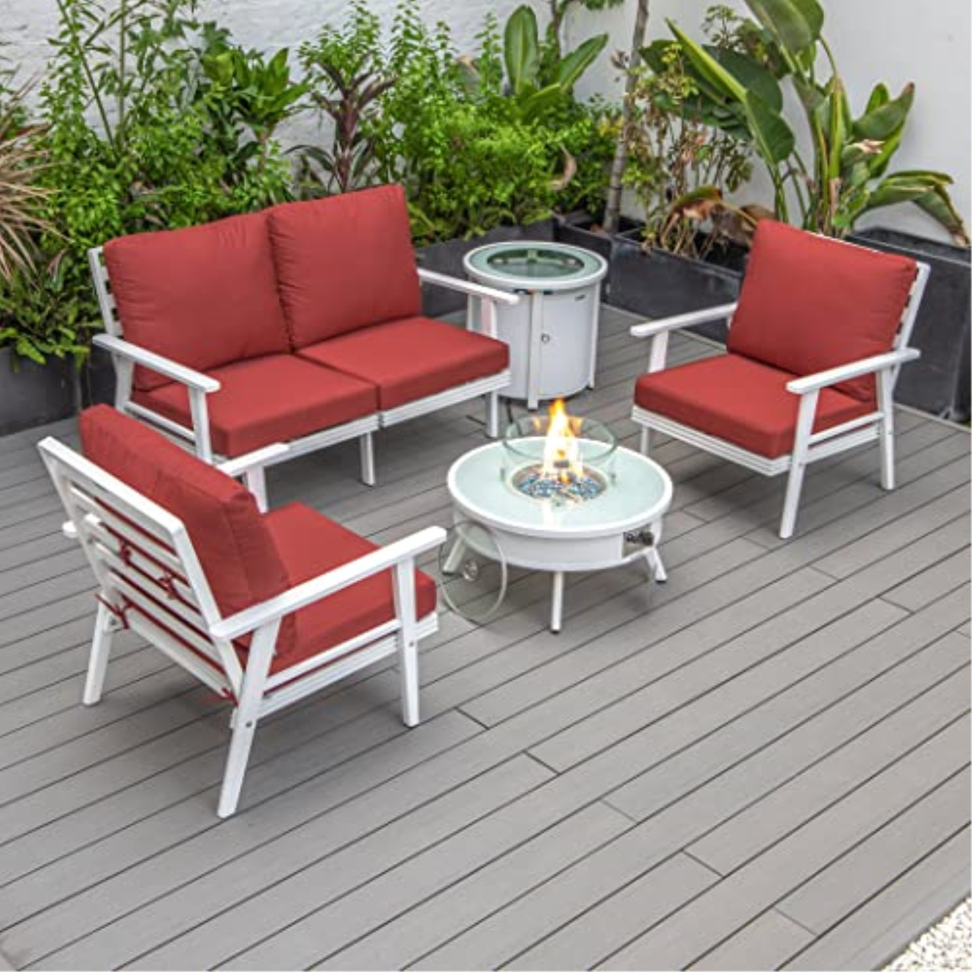 LeisureMod Walbrooke Modern White Patio Conversation With Round Fire Pit & Tank Holder