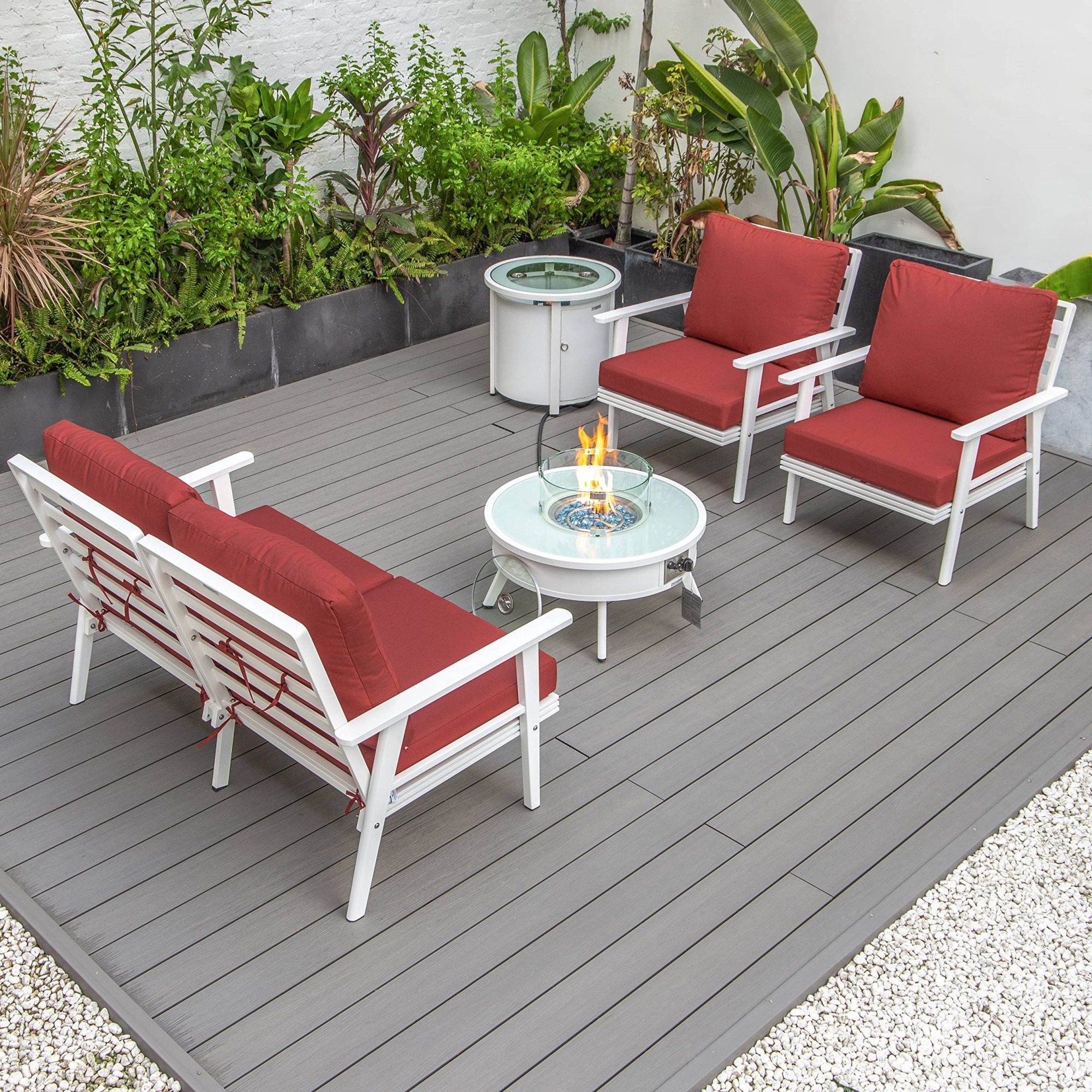 LeisureMod Walbrooke Modern White Patio Conversation With Round Fire Pit & Tank Holder